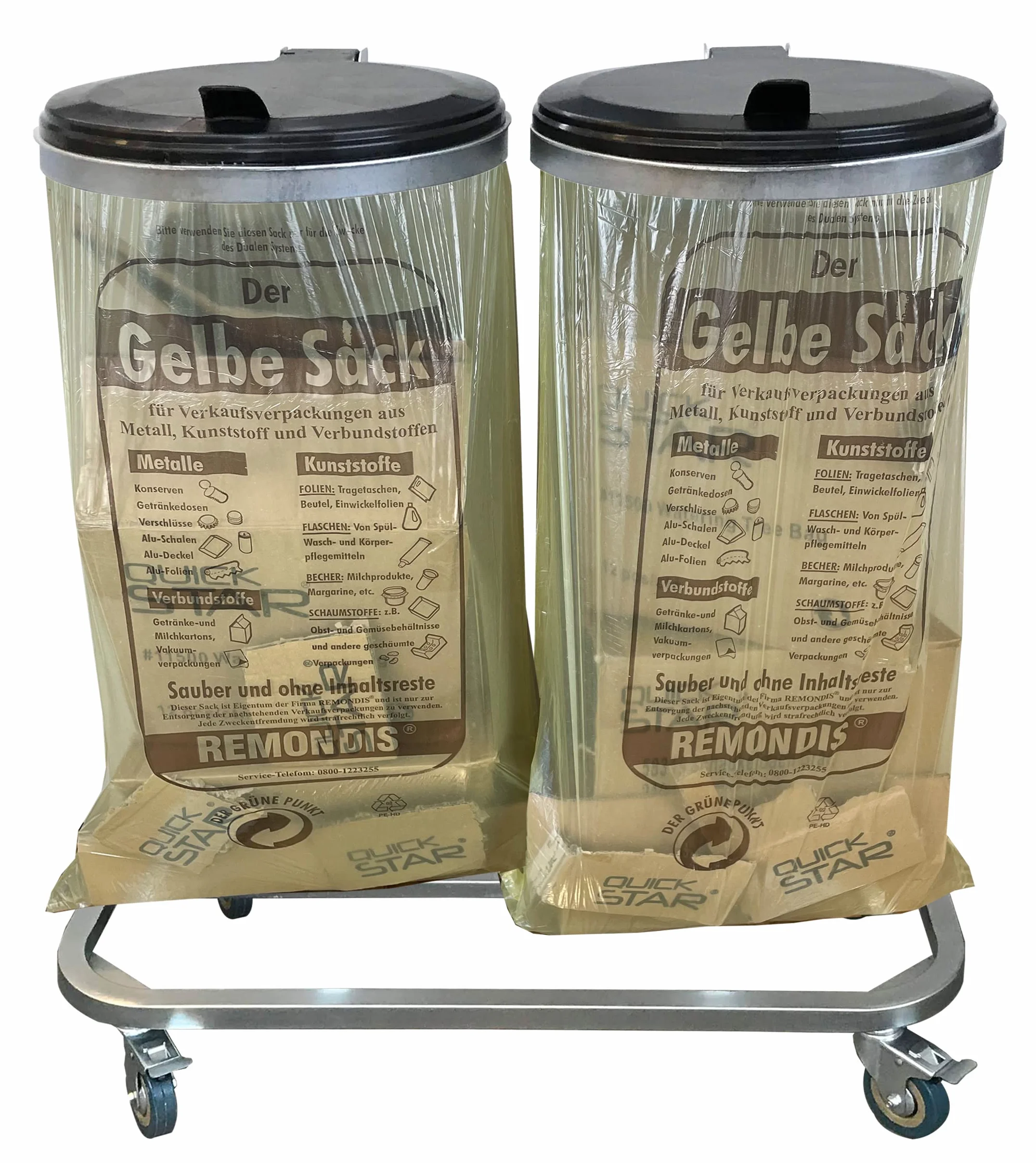 QUICK STAR Soporte Doble para Bolsas de Basura con Tapa y 4 Ruedas | Porta Bolsas de Basura Metálico 120 litros | Robusto Acero Galvanizado | Bolsa Amarilla 120L | Contenedor de Residuos Móvil
