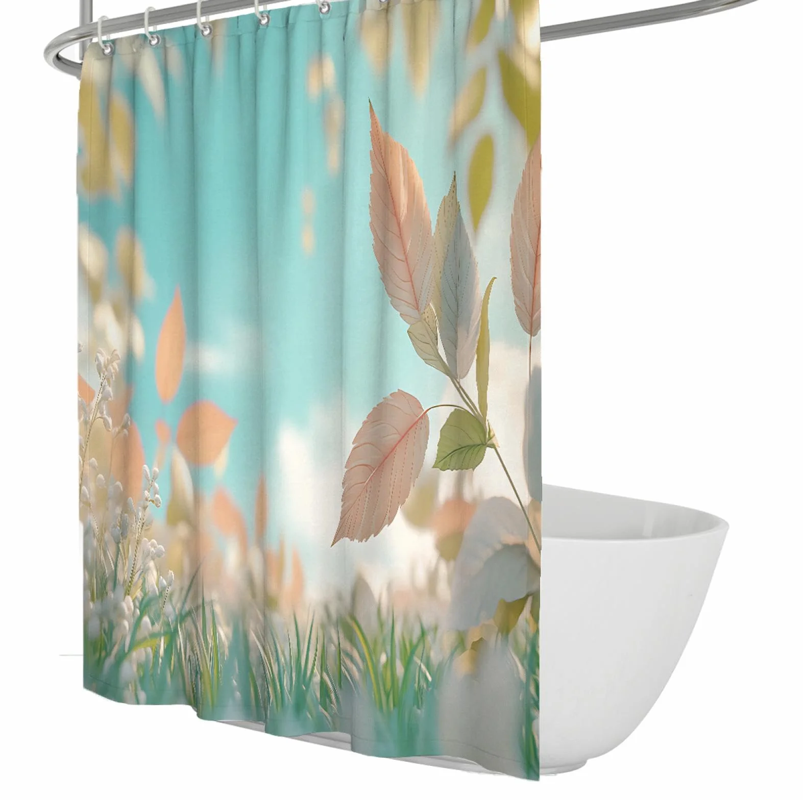 Juego de Cortinas de Ducha de Escena de Prado de ensueño Hojas de Plantas Naturales y Frescas decoración de baño Cortinas de Ducha de Tela Lavables Impermeables 200x200cm