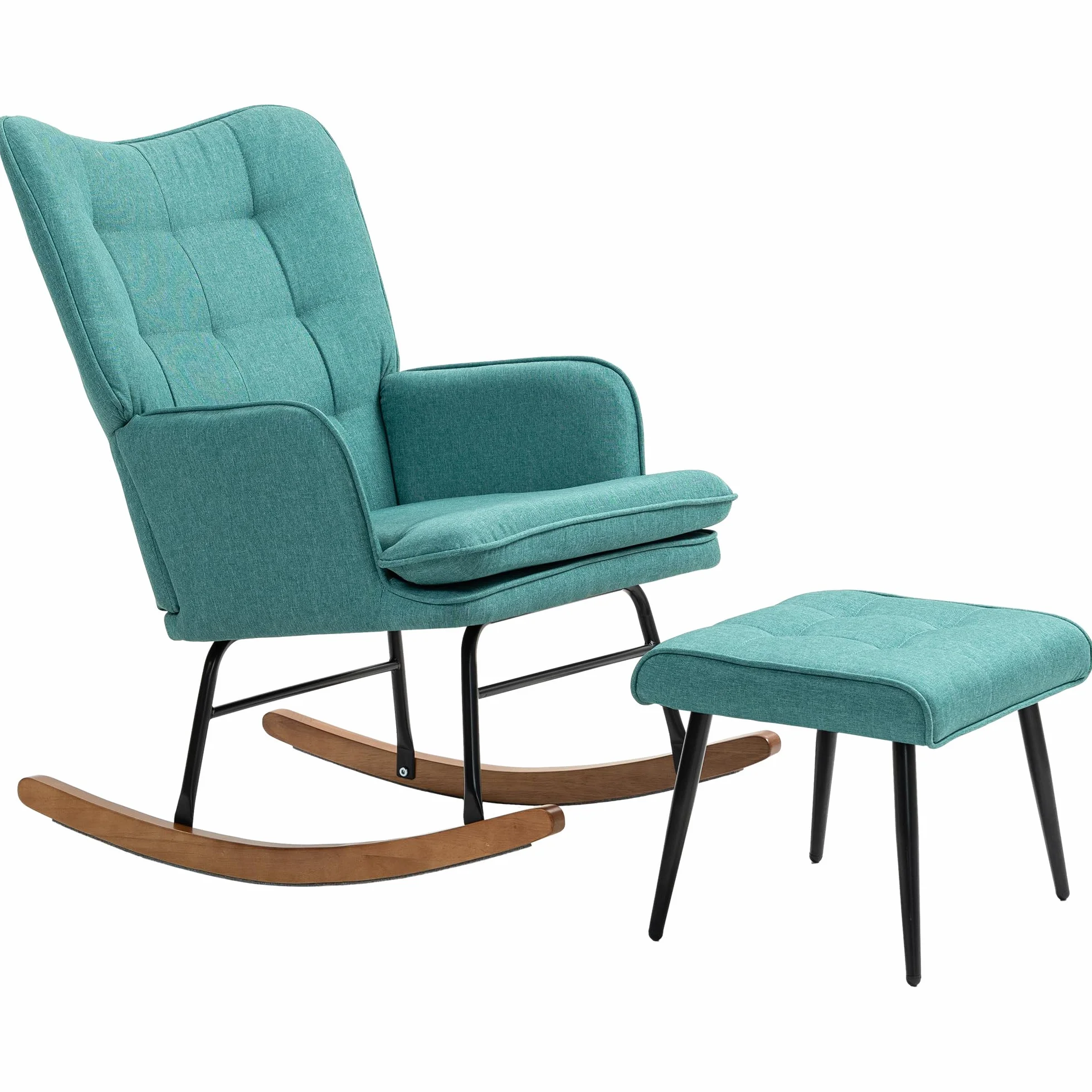 HOMCOM Silla Mecedora con Reposapiés, Sillón de Relax, con Cojín Acolchado, Respaldo Alto, Reposabrazos y Patas de Madera, Carga 130 kg, para Salón, Dormitorio, Verde Azulado