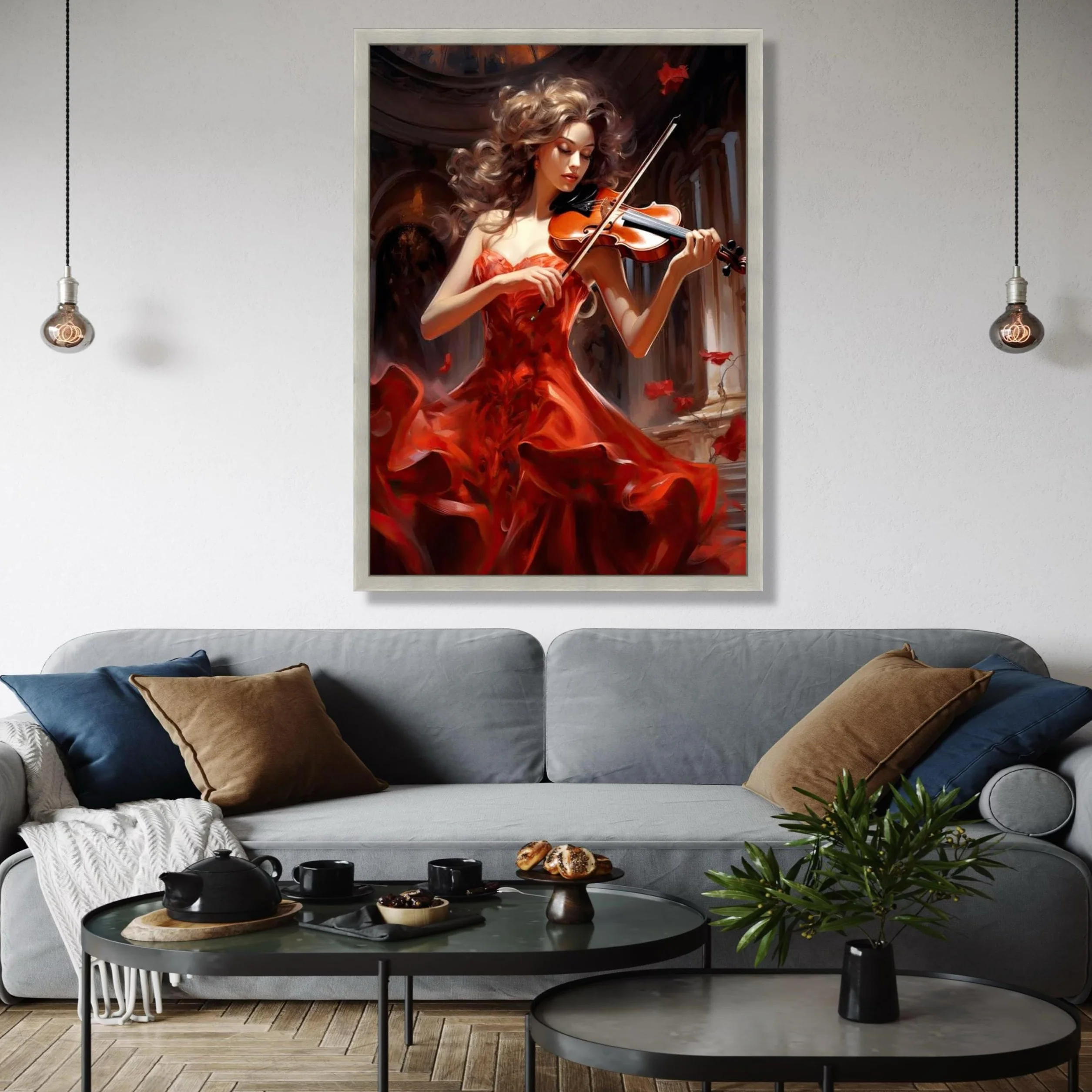 XBTYKPB Lienzo de violinista con vestido rojo fluido, arte mural de instrumentos musicales, decoración de música clásica, decoración romántica del hogar, pintura (50 x 75 cm/marco interior)