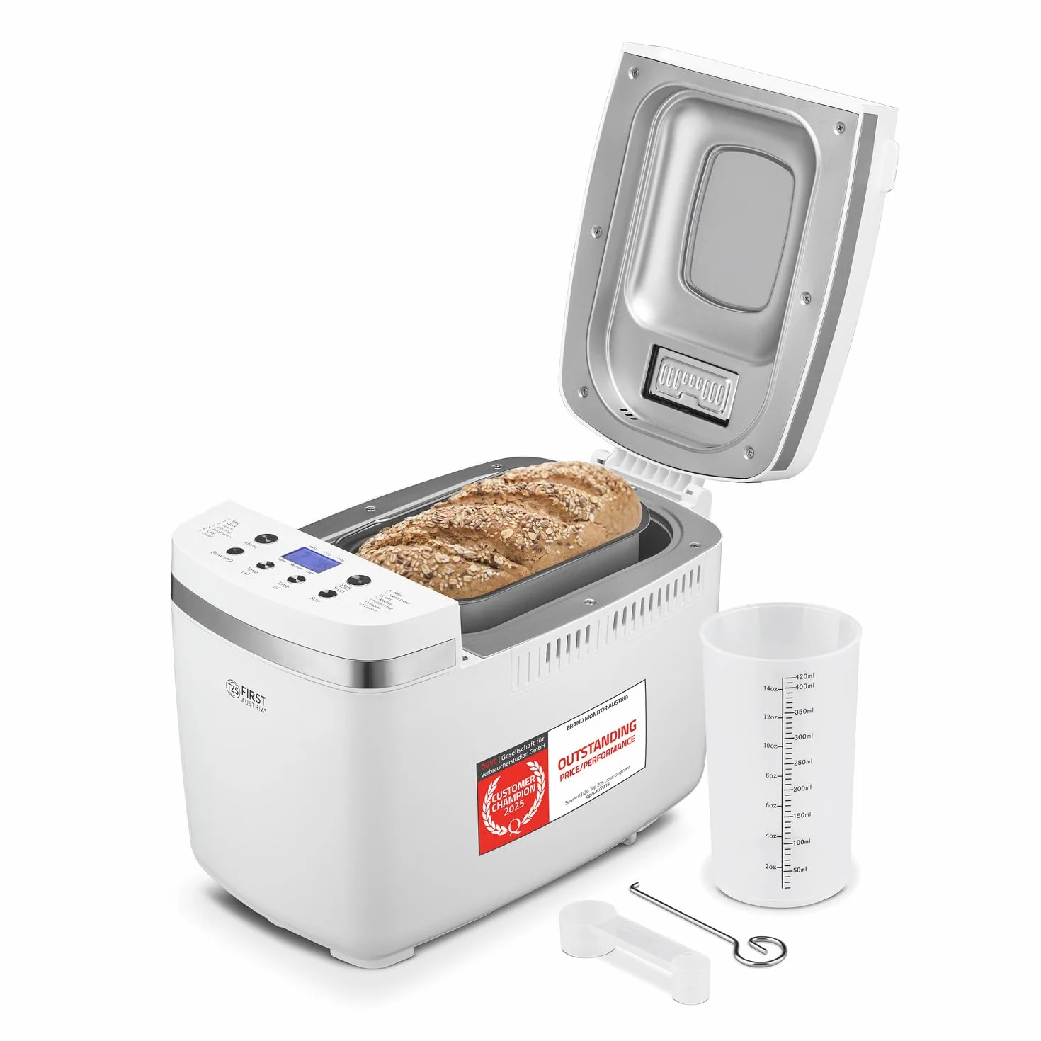 TZS First Austria - Panificadora 850W - Para panes de 900g y 1350g - 14 Programas automáticos - Tostado ajustable, Temporizador y Función mantener caliente