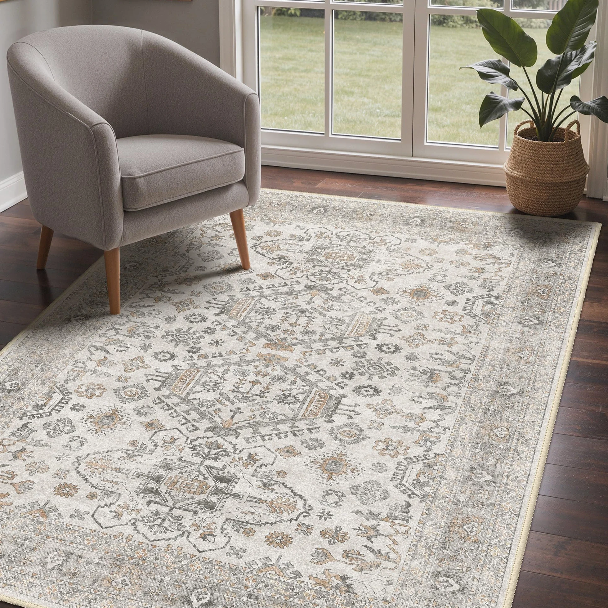 GENIMO Boho Alfombra de salón Vintage 120x170CM, Alfombra Antideslizante Lavable con Pelo Corto para Dormitorio, Comedor u Oficina, Alfombra Elegante
