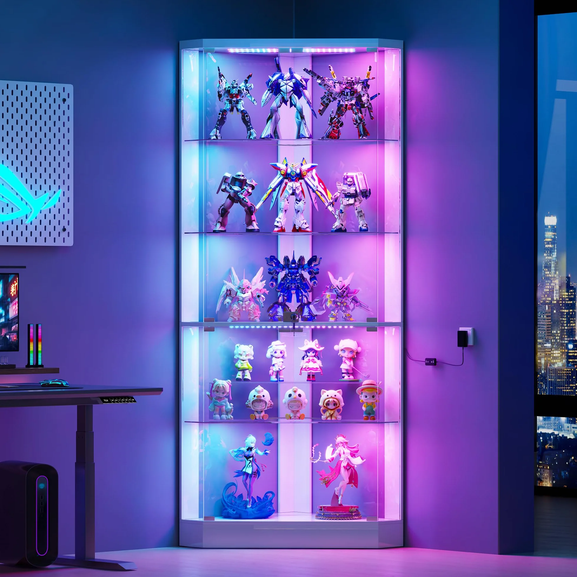175 CM Vitrina de Esquina - con RGB Color de Luces y Sensor de Movimiento para Estar,Vitrina de Cristal con 3 Estantes Ajustables&5 Capas para Salón,Expositora para Coleccionista,Blanco
