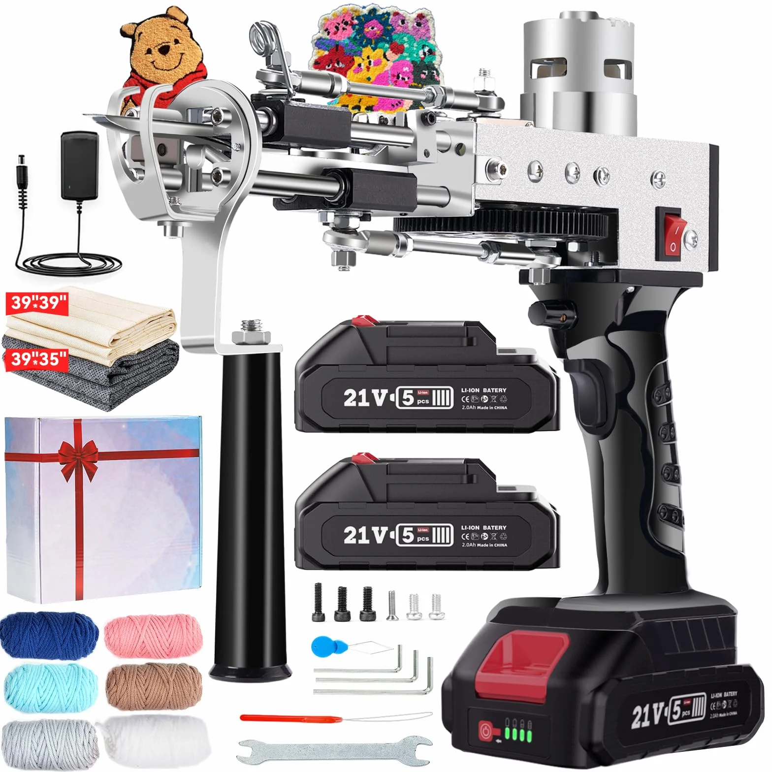Riiai 2024 Upgrated Cordless Tufting Gun, Tufting Gun Starter Kit with 2×2.0Ah Battery, Rug Making Kit Cut Loop Pile, Battery Powered Rug Tufting Gun Kit for Carpet Making, 2.5H Lasting