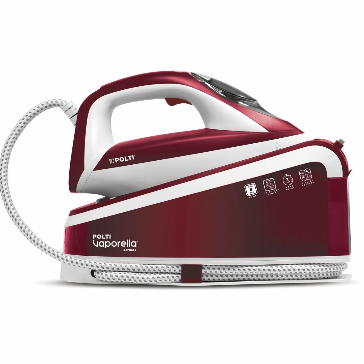 Polti Vaporella Express VE30.40 Centro de Planchado | Presión de bomba 8 bar, 2100 W, función Eco, tecnología One Temperature, controles digitales en la plancha, burdeos y blanco