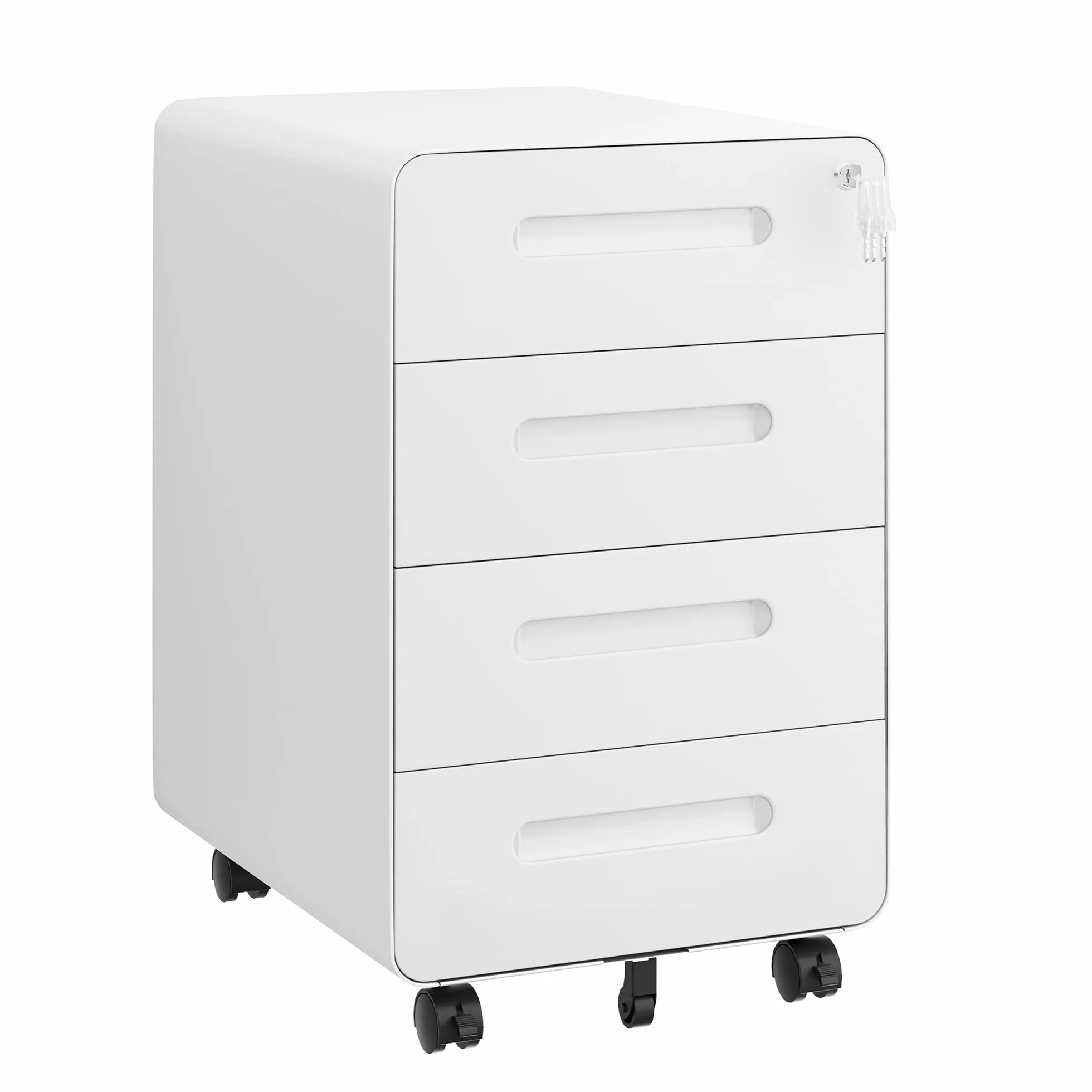 Cajonera móvil, Archivador Metálico con Cerradura, 4 Llaves, 4 Cajones, Premontado, Esquinas Redondeadas, para Oficina, Oficina en Casa, 46P x 40A x 64A cm, Blanco
