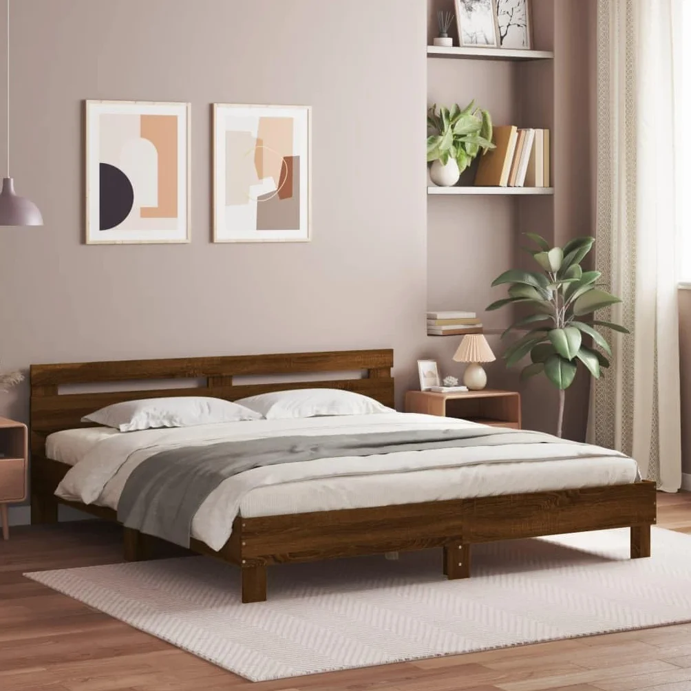 Festnight Marco de Cama 180 x 200 cm con Cabecero Estructura Cama Marrón Roble Cama con Luces LED y Somier Soporte de Láminas de Madera Base De Cama