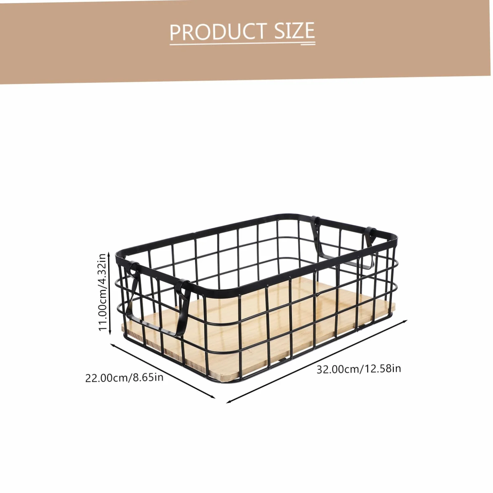 ULTECHNOVO Cesta de Almacenamiento de Alambre Negra Asa y Base de Madera | Rectangular y Robusta, para Frutas y Utensilios del Hogar, Uso en Mesa o Exterior