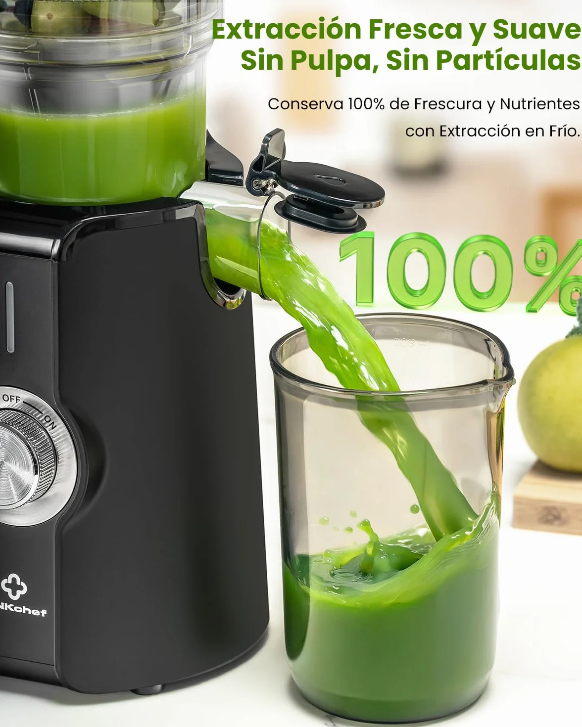 LINKChef Slow Juicer 200W Boca Ancha 115mm Prensado en Frío Sin BPA Negro