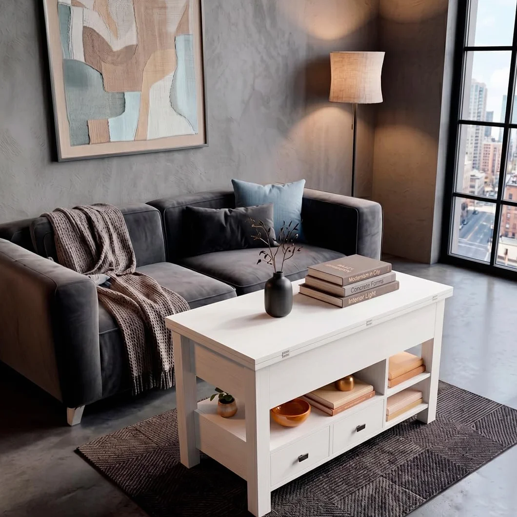 Marctani Mesa de Centro elevable 3 en 1 - Mesa de Centro Blanca con Almacenamiento Oculto y 2 Cajones, Mueble de Salón Extensible en Madera MDF para Escritorio y Comedor