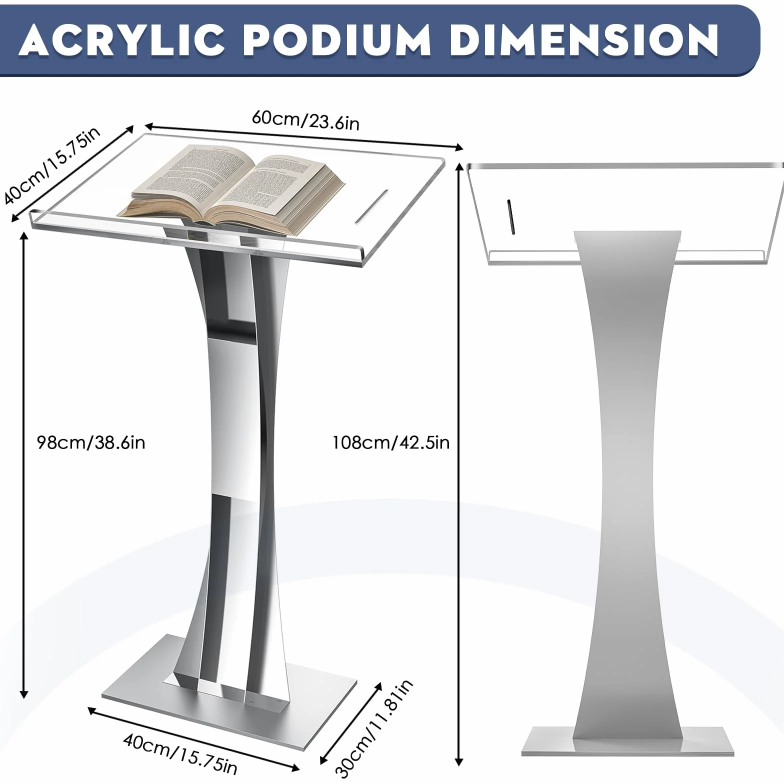 Soporte de podio acrílico transparente, púlpito de 109 cm para iglesias, atril moderno para aula, conferencia, boda y más (plateado)