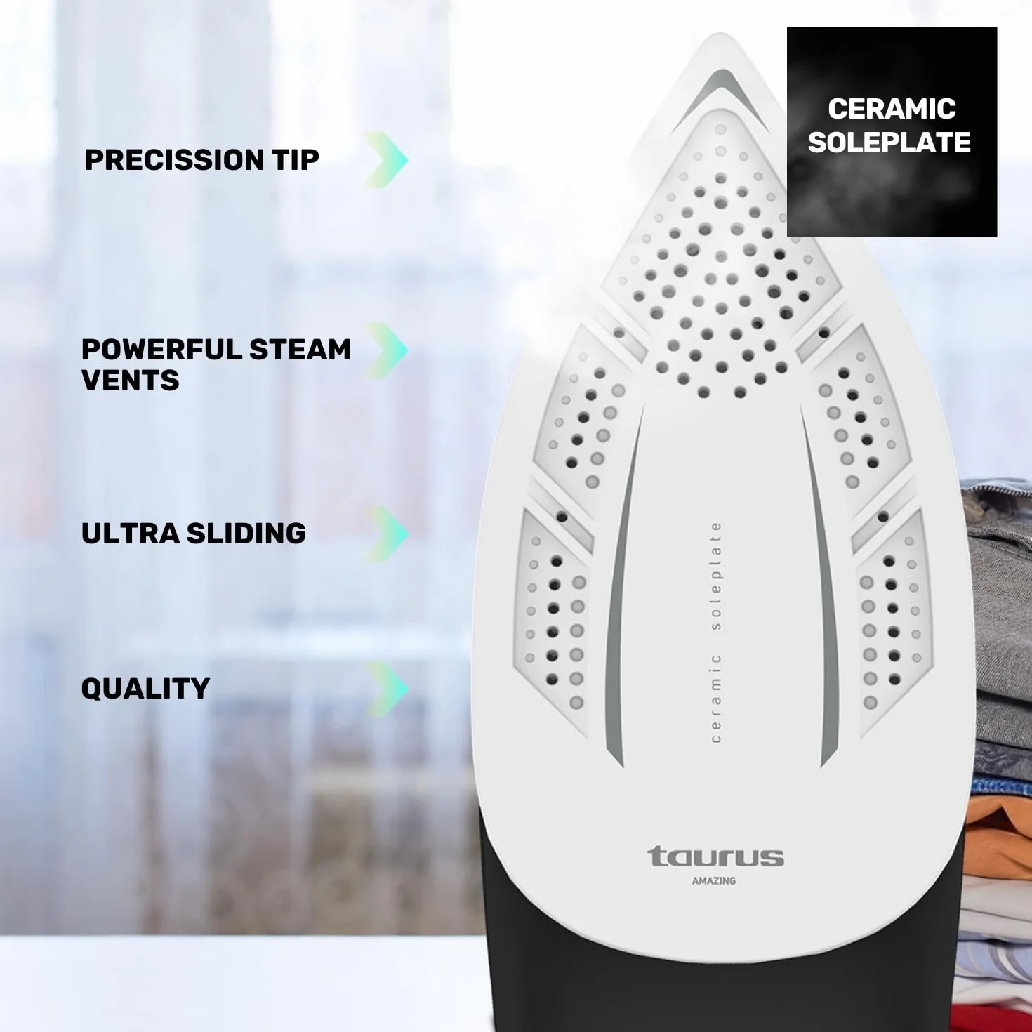 Taurus Amazing – Centro de planchado SSD3002 | 3000W | Depósito 1,5L | Suela cerámica | Golpe Vapor 130g/min | Pantalla digital | Antigoteo | Antical | Autolimpieza | Auto apagado