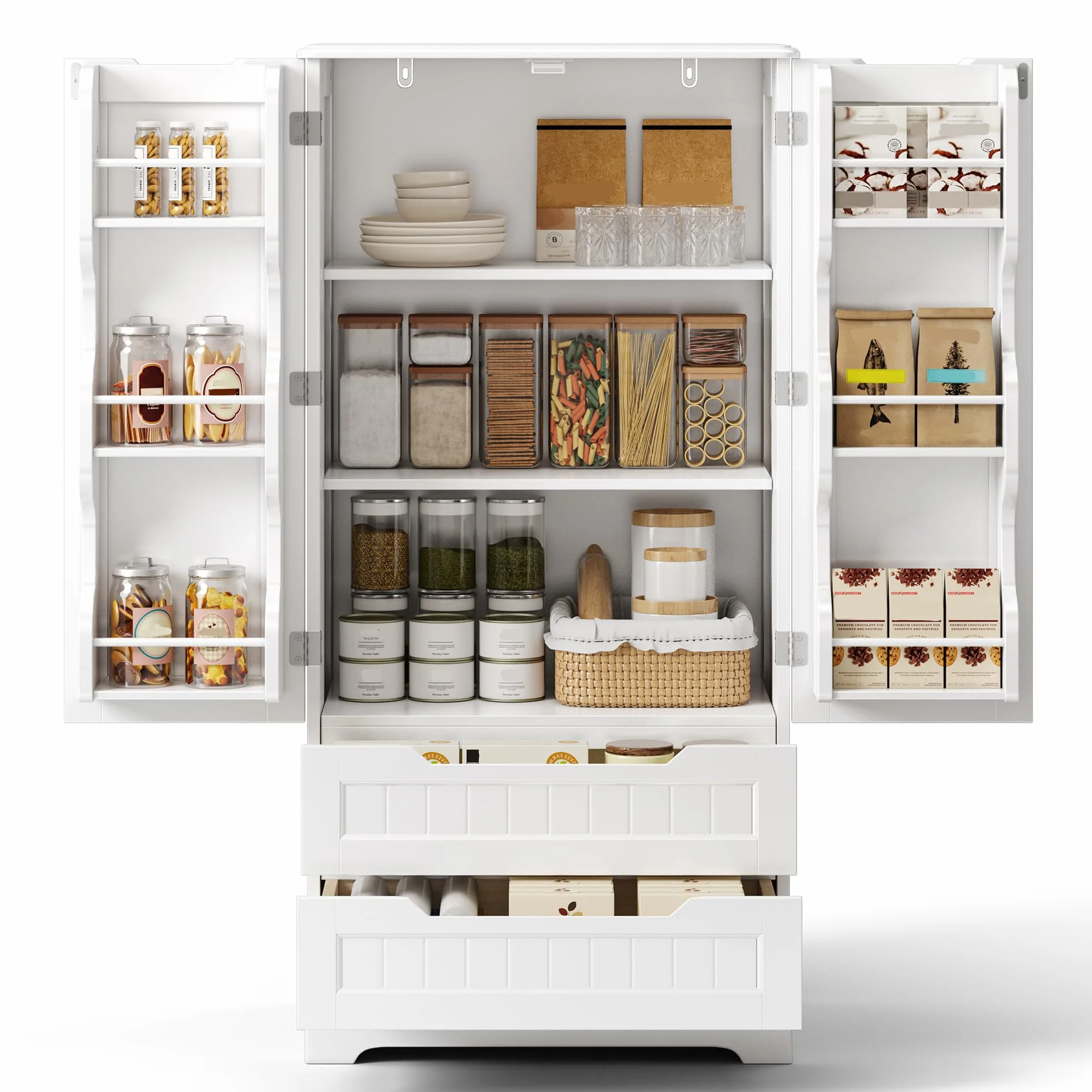 Bealife Armario Despensa Cocina, Alacena de Cocina Alta con 2 Cajones con Estantes Ajustables, para Comedor Salón, Blanco, 120x40x60cm