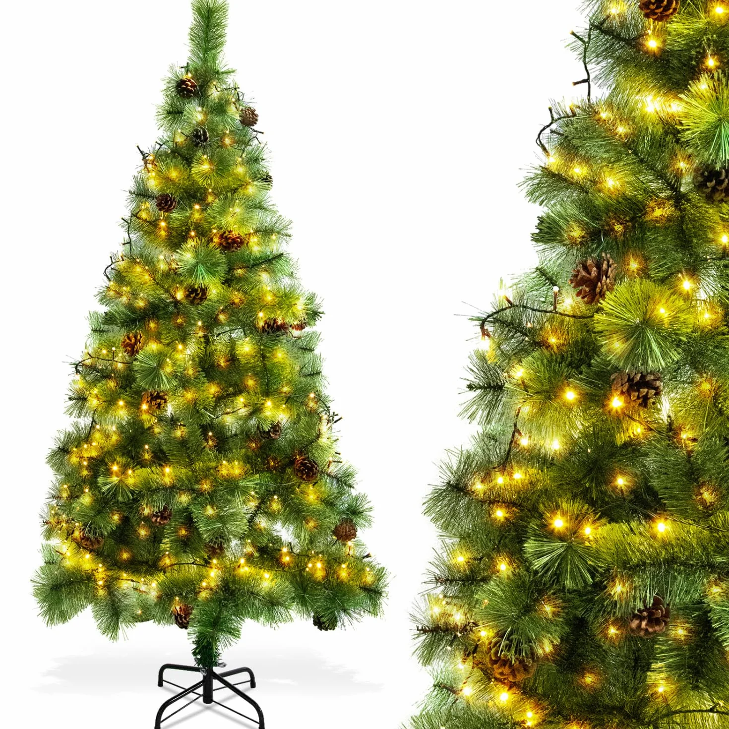 Aigostar 180 CM Árbol de Navidad Artificial,con Cadena de Luces LED de 18 M,300 LED Blanco cálido,8 Modos de Iluminación,Ramas Aguja de Pino con Piñas,Verde,Incluye Soporte de Meta
