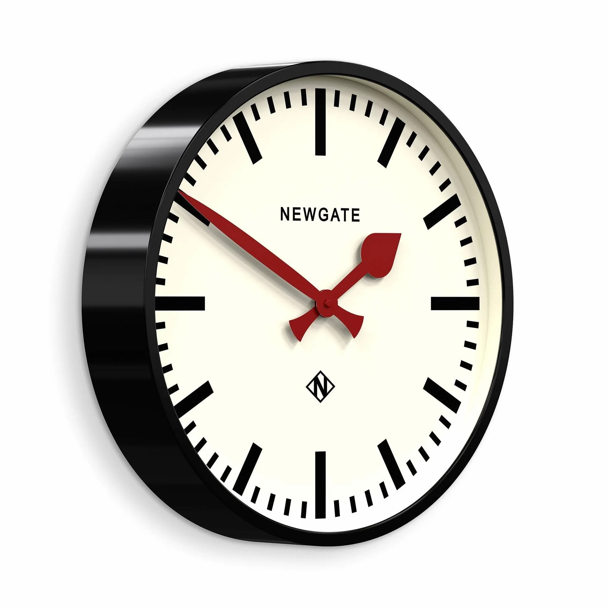 NEWGATE® Putney Reloj de Pared | Gran Reloj Moderno de estación Inspirado en el Retro | 45cm | Estuche de Metal Negro Brillante con Manos Rojas | Estilo Industrial de Mediados de Siglo