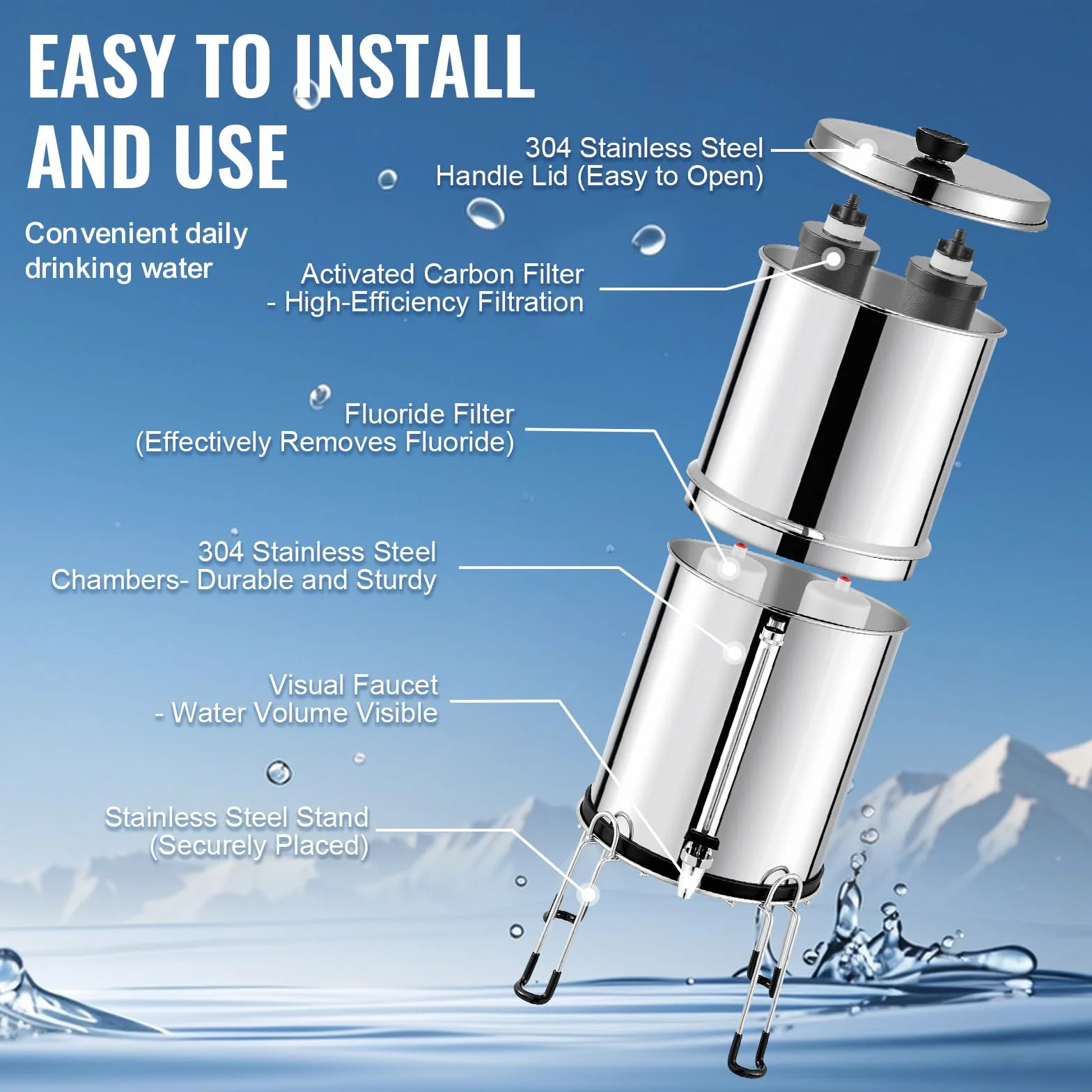 VEVOR Sistema de Filtración de Agua por Gravedad 7,5 L Sistema de Encimera Acero Inoxidable Reduce Plomo y hasta 99% de Cloro con 2 Filtros de Carbón Activado, 2 Filtros de Desfluoración, Grifo