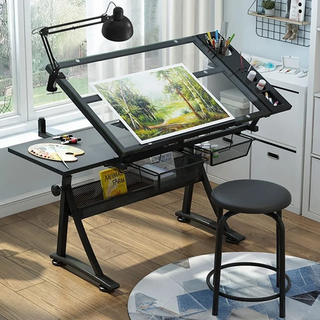 Mesa de dibujo de artistas de altura ajustable con taburete, estación de trabajo perfecta para artistas, parte superior de vidrio templado, 2 cajones, escritorio inclinable para leer, dibujar,