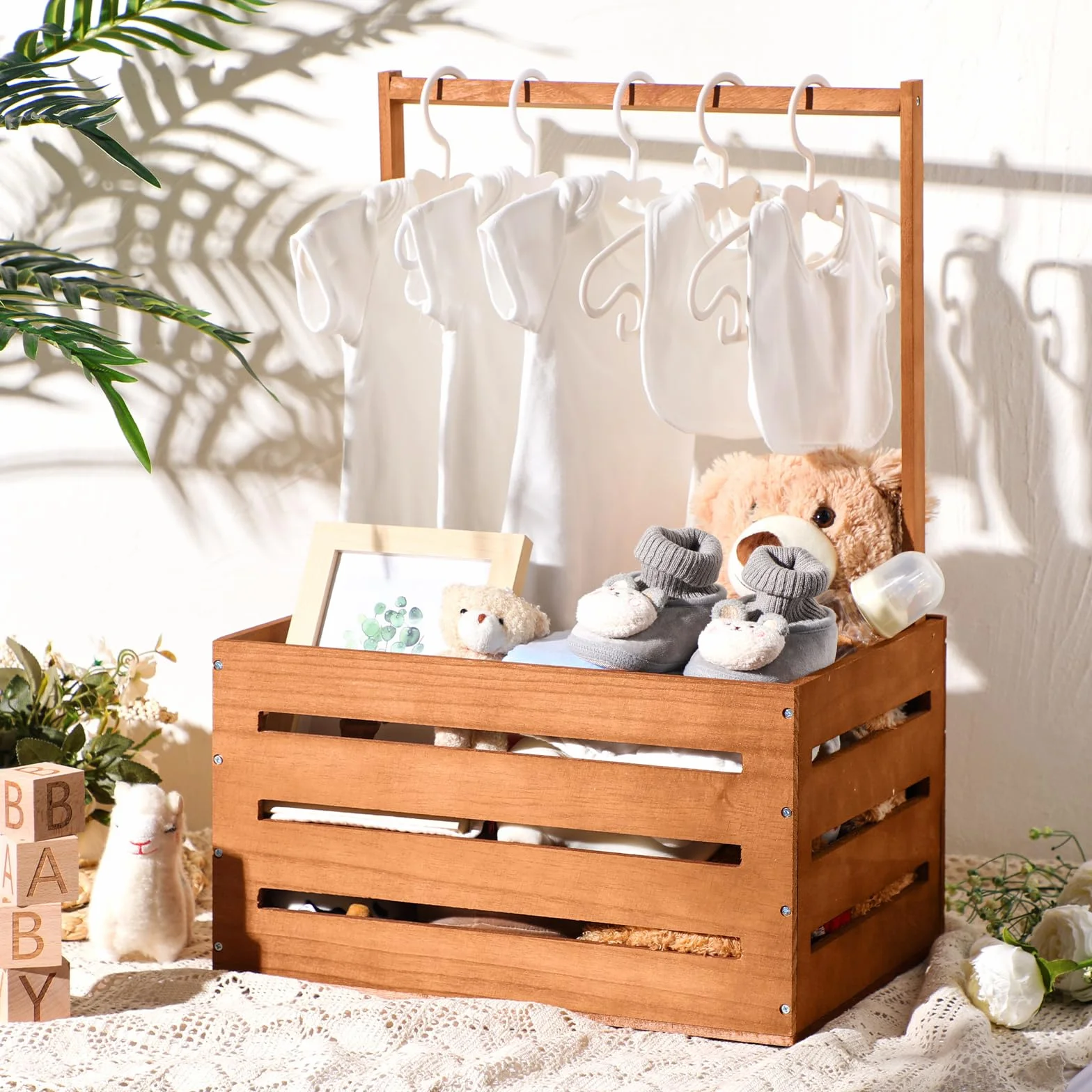 Suzile Caja de madera para baby shower, cesta de regalo, banco de arcilla | Perchero para ropa de bebé con asa, caja de almacenamiento para revelación de género para niños y niñas recién nacidos