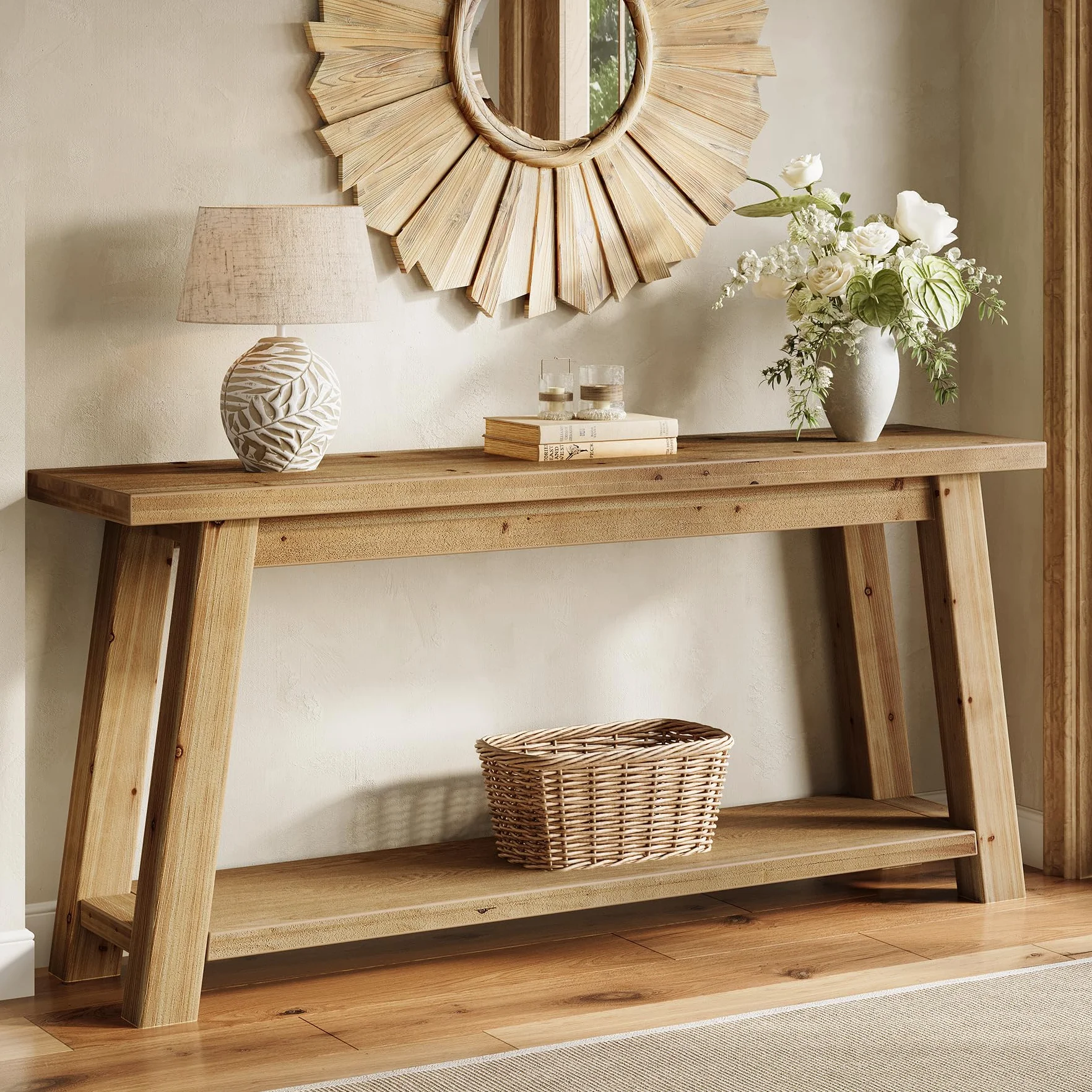 Consola de madera maciza 180 cm, 2 niveles, mesa de sofá estrecha estilo granja para entrada, sala de estar, dormitorio, detrás del sofá, color madera natural, montaje fácil