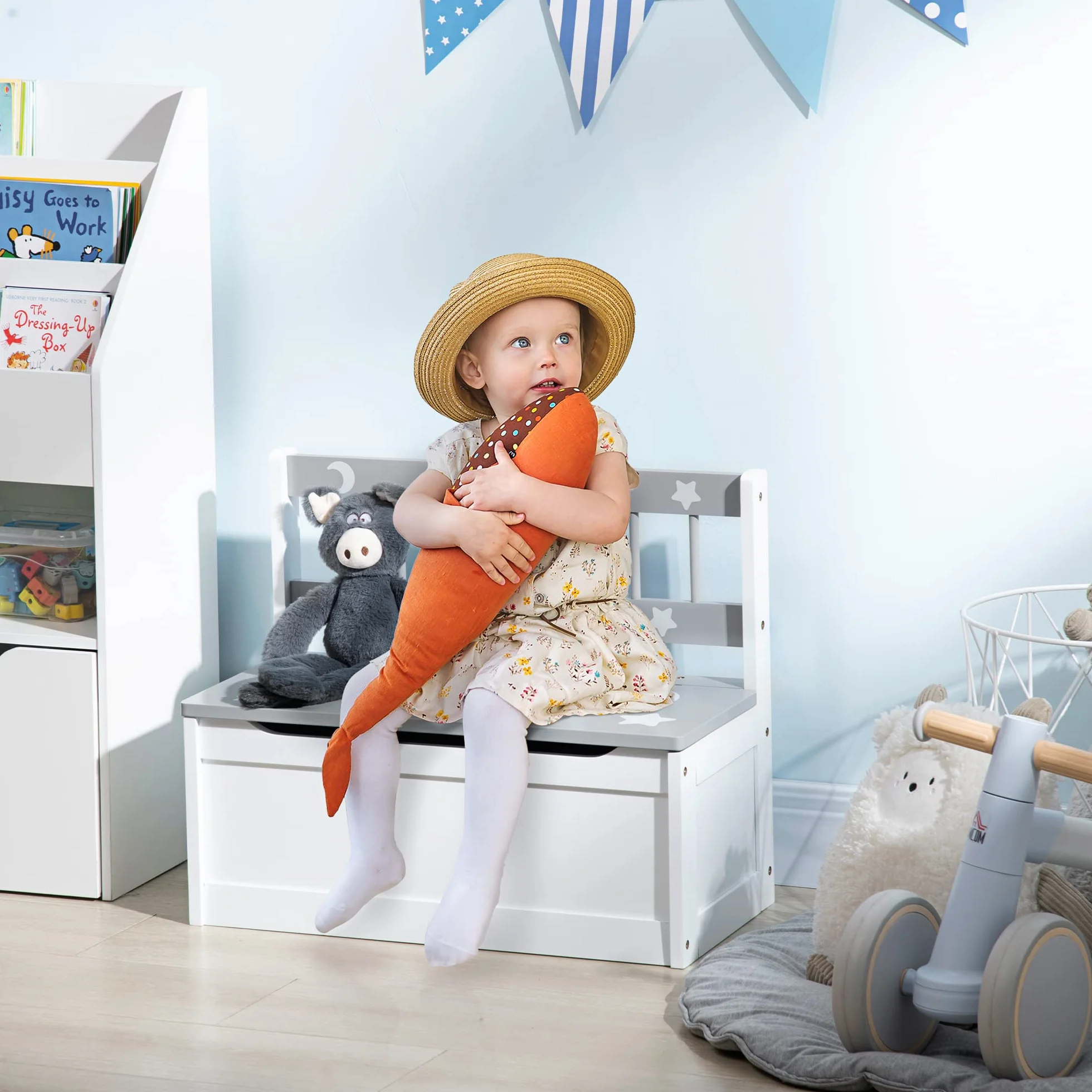 ZONEKIZ 2 en 1 Baúl de Juguetes para Niños de +18 Meses Banco de Almacenaje Infantil con Tapa de Cierre para Dormitorio Sala de Juego Carga 50 kg 60x30x50 cm Gris y Blanco