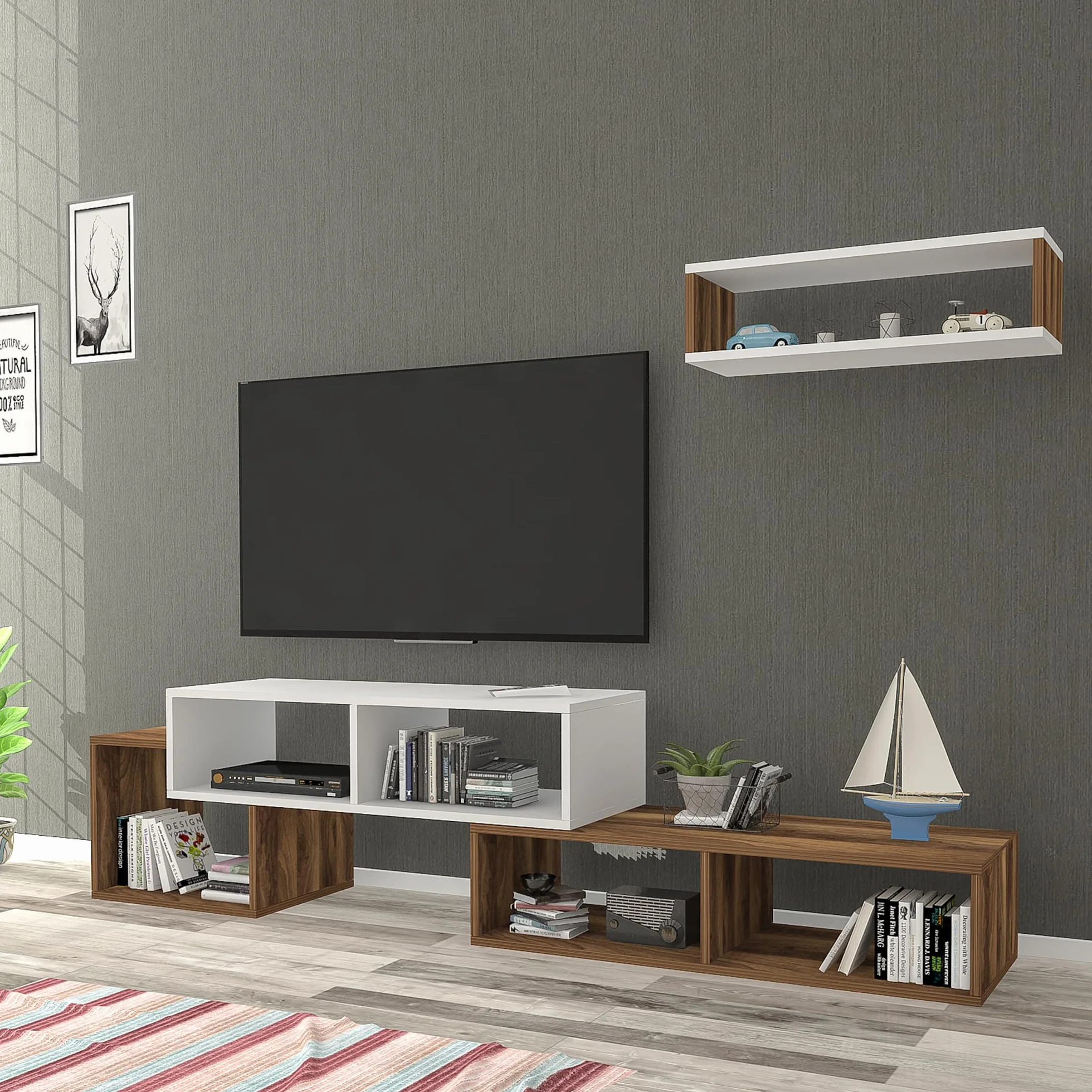 [en.casa] Juego de Muebles de Salón Mesa TV + 1 Estante Cubo de Pared - Mueble TV con 5 Compartimentos y 2 Estantes Laterales Aglomerado 170x30x42 cm - Blanco y Roble Antiguo