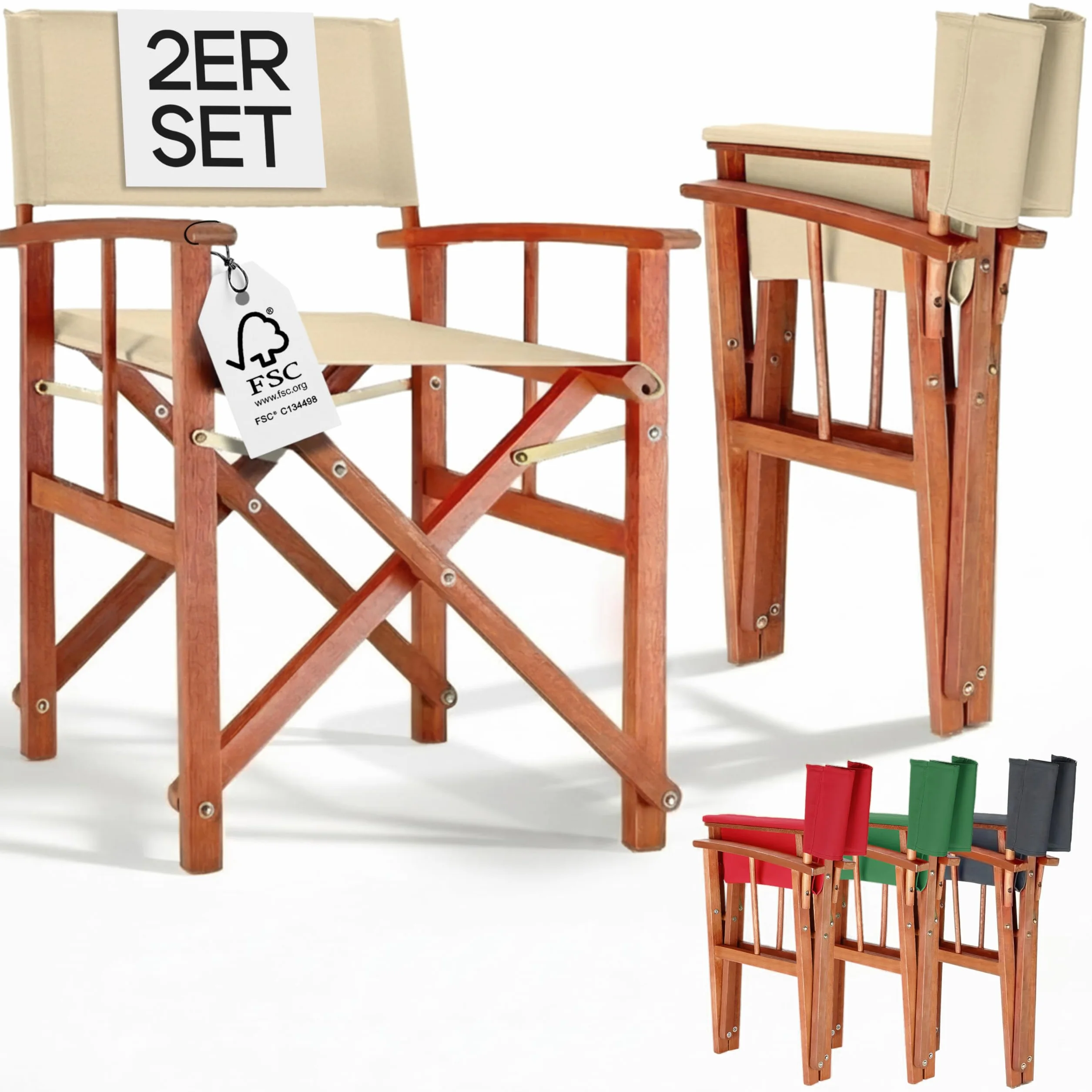 CASARIA® Silla de Director Plegable Set de 2 Madera de Eucalipto Certificación FSC® con Reposabrazos Carga hasta 160 kg Funda Lavable Altura Asiento 46 cm Exterior Jardín Balcón Camping