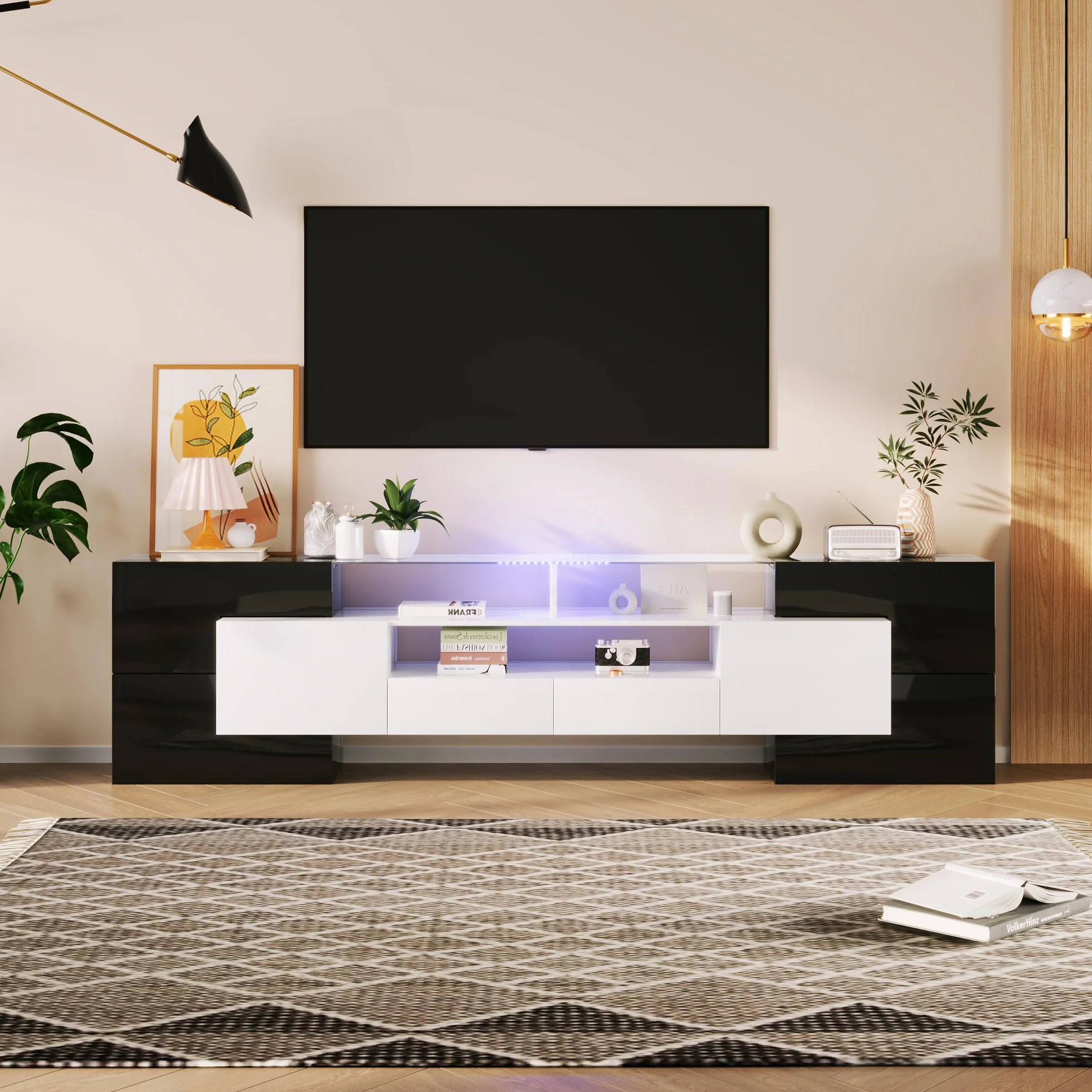 Mueble para TV de 200 cm, elegante mueble para TV, armario bajo de alto brillo con iluminación LED, muebles de salón, diseño moderno, elegante superficie de cristal (negro y blanco, 200 x 35 x