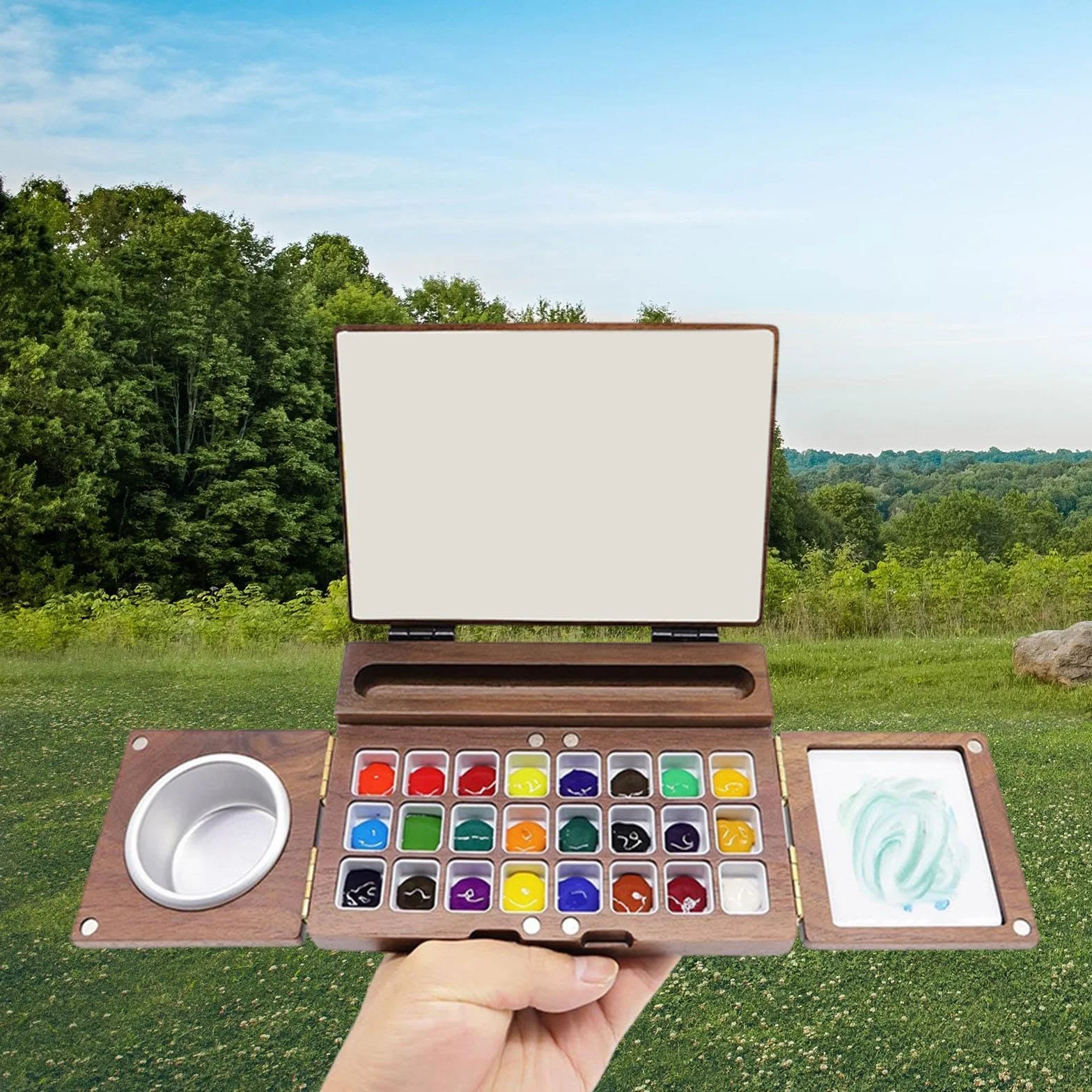 Perfeclan Caja de Pintura de Acuarela, Paleta de Pintura de Viaje Plegable para Pintar y Hacer Manualidades con área de Mezcla, Bandeja de Pintura de Madera,