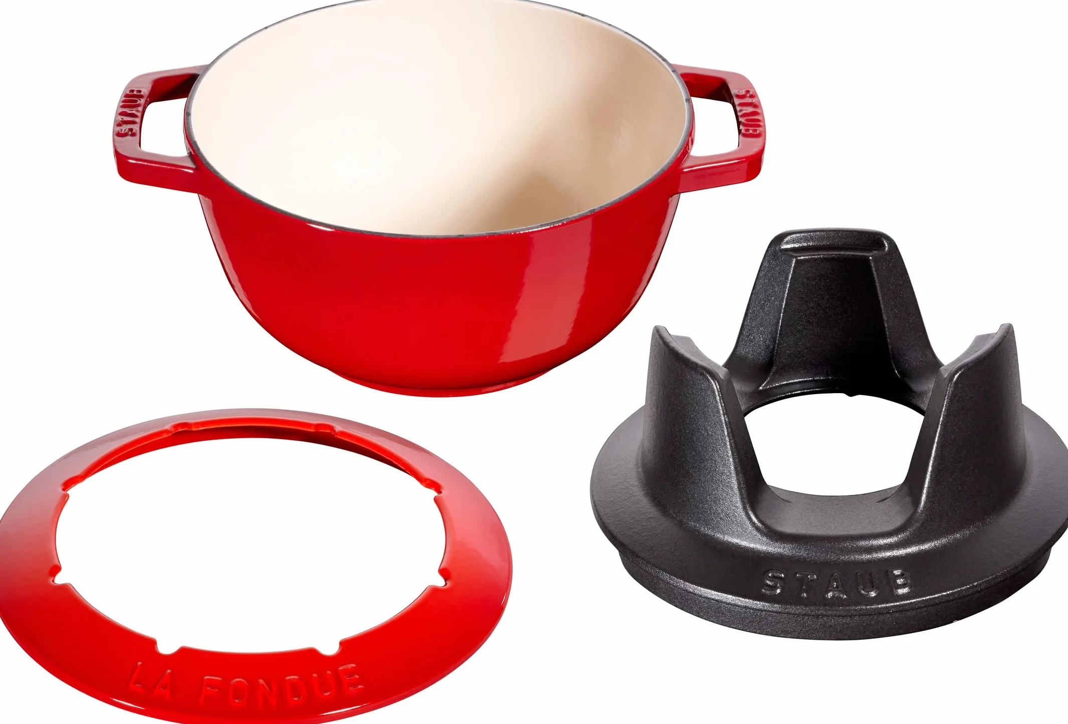 STAUB set de fondue con 6 tenedores, hierro fundido, 20 cm, 2,3 L, para fondue de queso, chocolate y carne, Made in France, rojo cereza