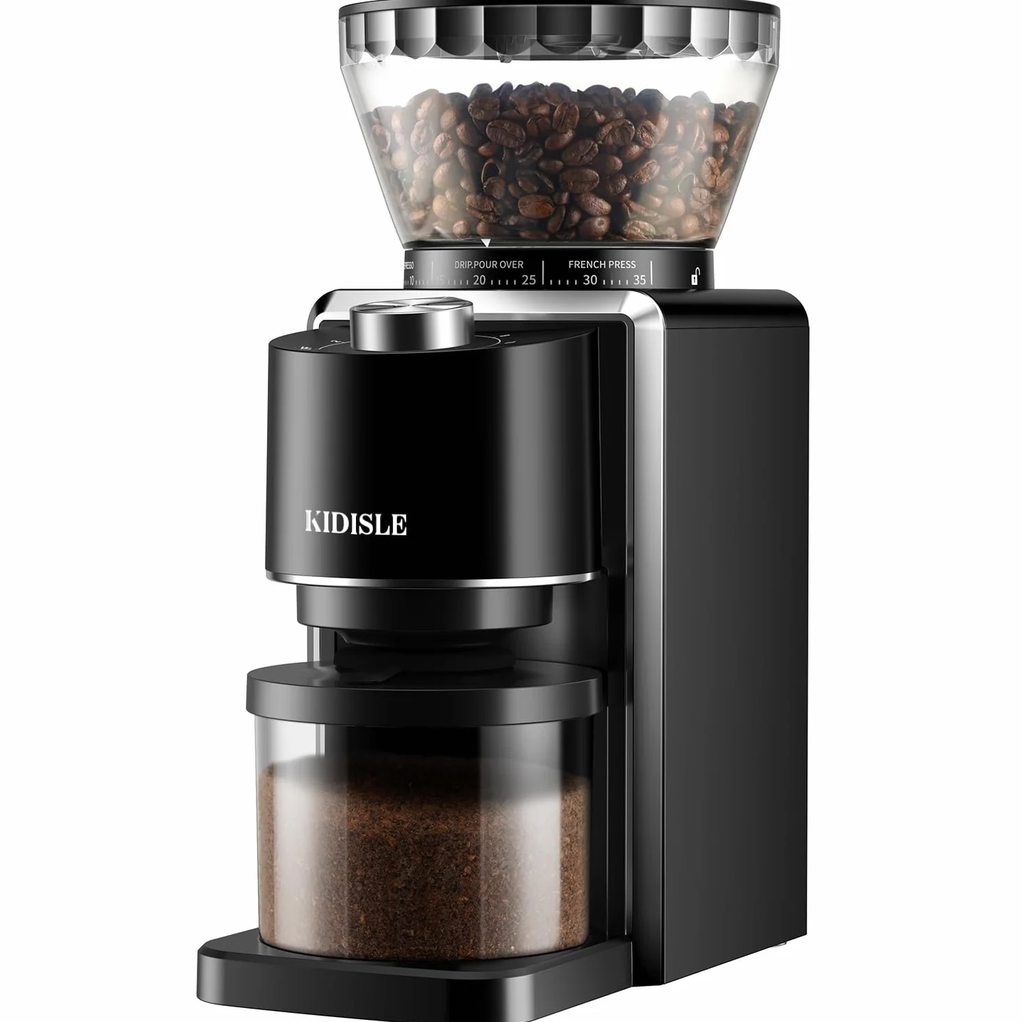 KIDISLE Molinillo de café cónico, molinillo eléctrico de frijoles de café para molienda precisa, 35 ajustes, selector de 2 a 12 tazas, diseño antiestático para uso doméstico, negro