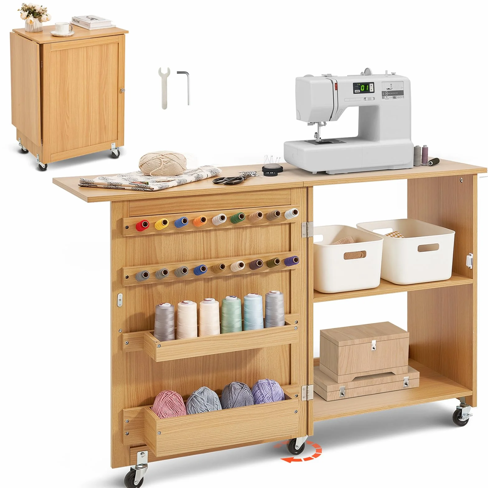 VEVOR Mesa de Costura Plegable Mesa Multiusos para Máquina de Coser con Diseño Compacto, Ruedas Bloqueables, Estantes, Bandejas de Almacenamiento, Clavijas de Madera y Puertas Magnéticas, Color Madera