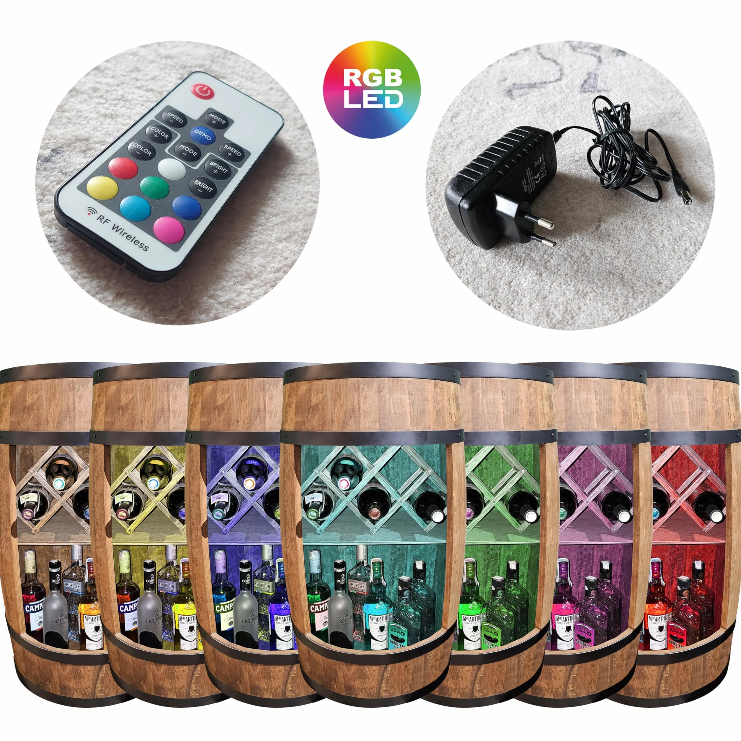 CREATIVE COOPER Barril de bar con soporte para vino – Botellero LED RGB – Barril de madera 80 x 50 cm – Decoración rústica – Armario para vino – Armario para vinos (marrón oscuro)