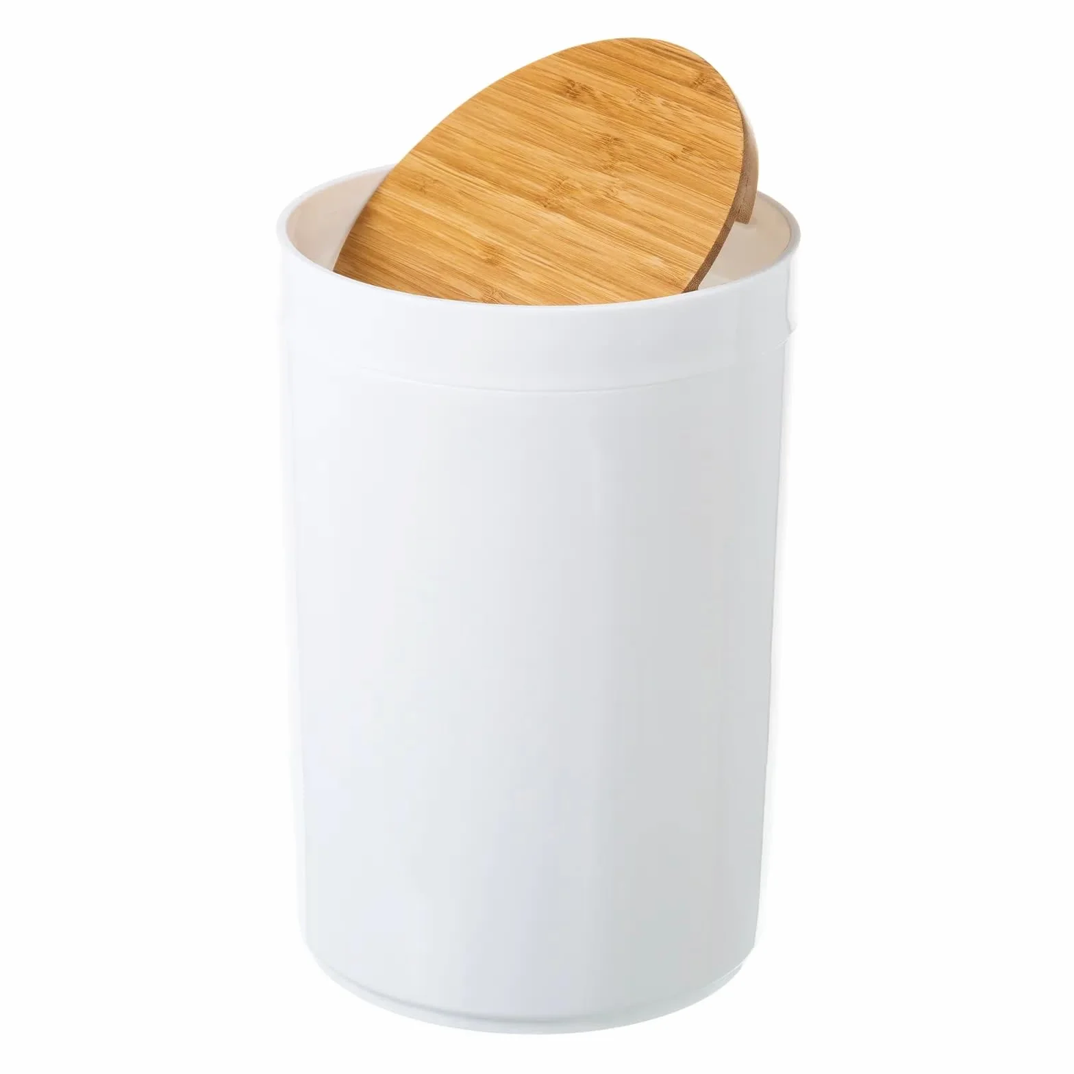 Papelera de Baño 5L Bambú Natural Tapa Basculante Blanca Minimalista