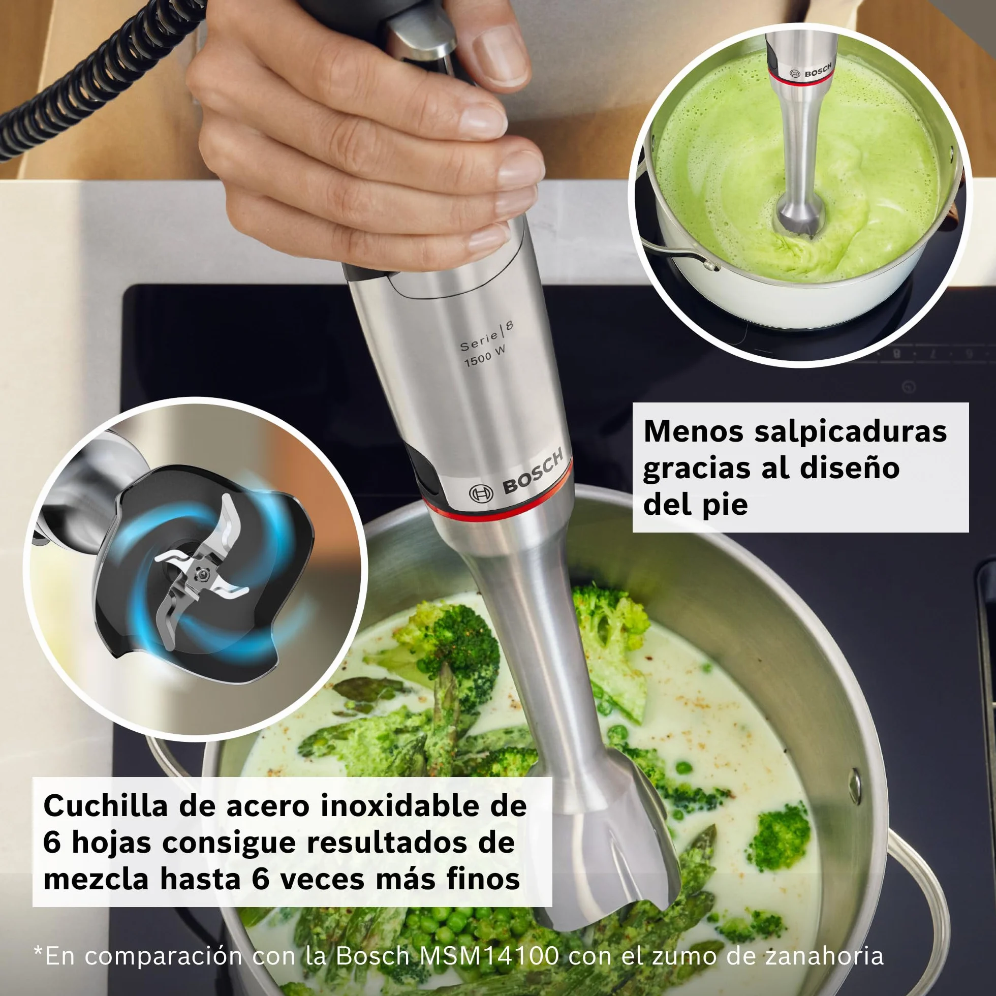 Bosch - Batidora de mano, serie ErgoMaster 8, motor de 1500 vatios, ajuste intuitivo de la velocidad, cuchilla de 6 hojas, accesorios incluidos, acero inoxidable, MSM8M934