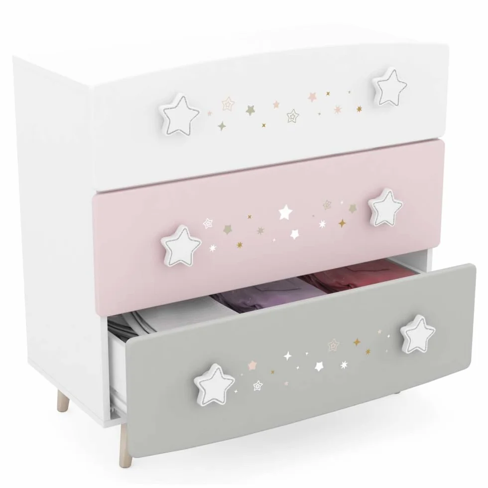 Befara CÓMODA Infantil Cosmos, Blanco Mate/Gris/Rosa, 87 x 41 x 86,5 cm, Comoda Infantil Rosa Gris