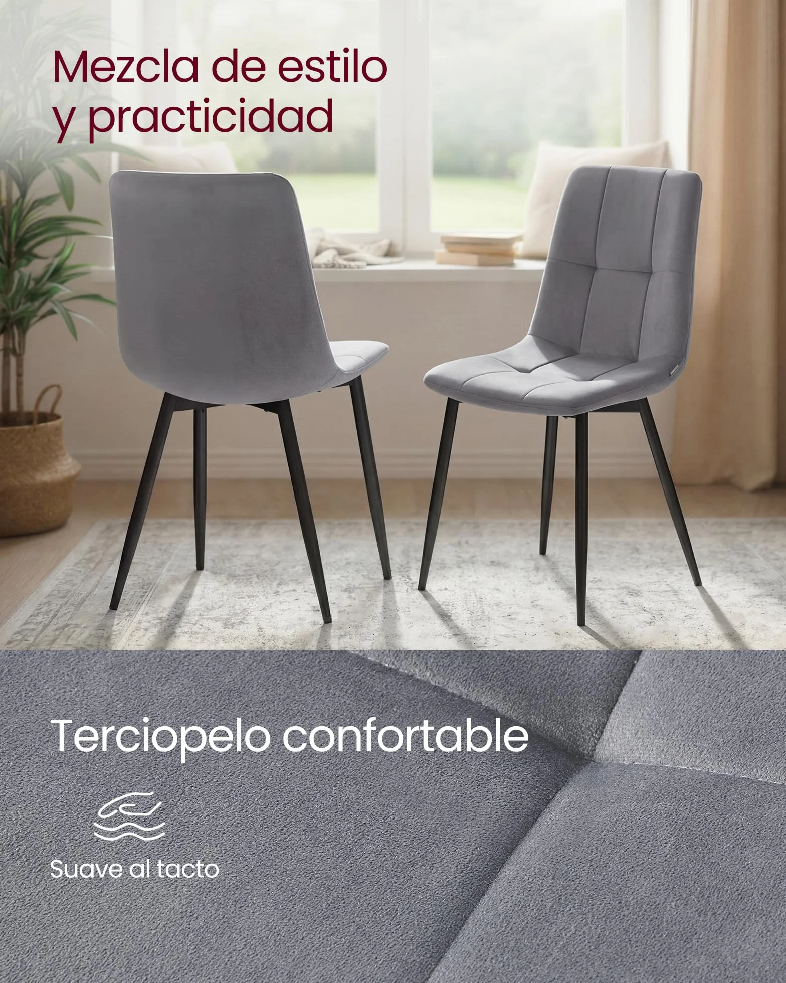 VASAGLE Sillas de Comedor de Terciopelo, Carga 120 kg Cada Una, Sillas de Cocina Acolchadas con Pies Ajustables, Estilo Moderno, para Salón, Juego de 4, Gris Pizarra KDC080GN01
