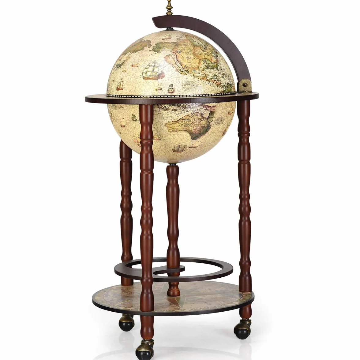 GOPLUS Armarios para Vinos, Mini Bar de Globo con 3 Ruedas para Botellas, Carrito de VinoTerráqueo, Beige