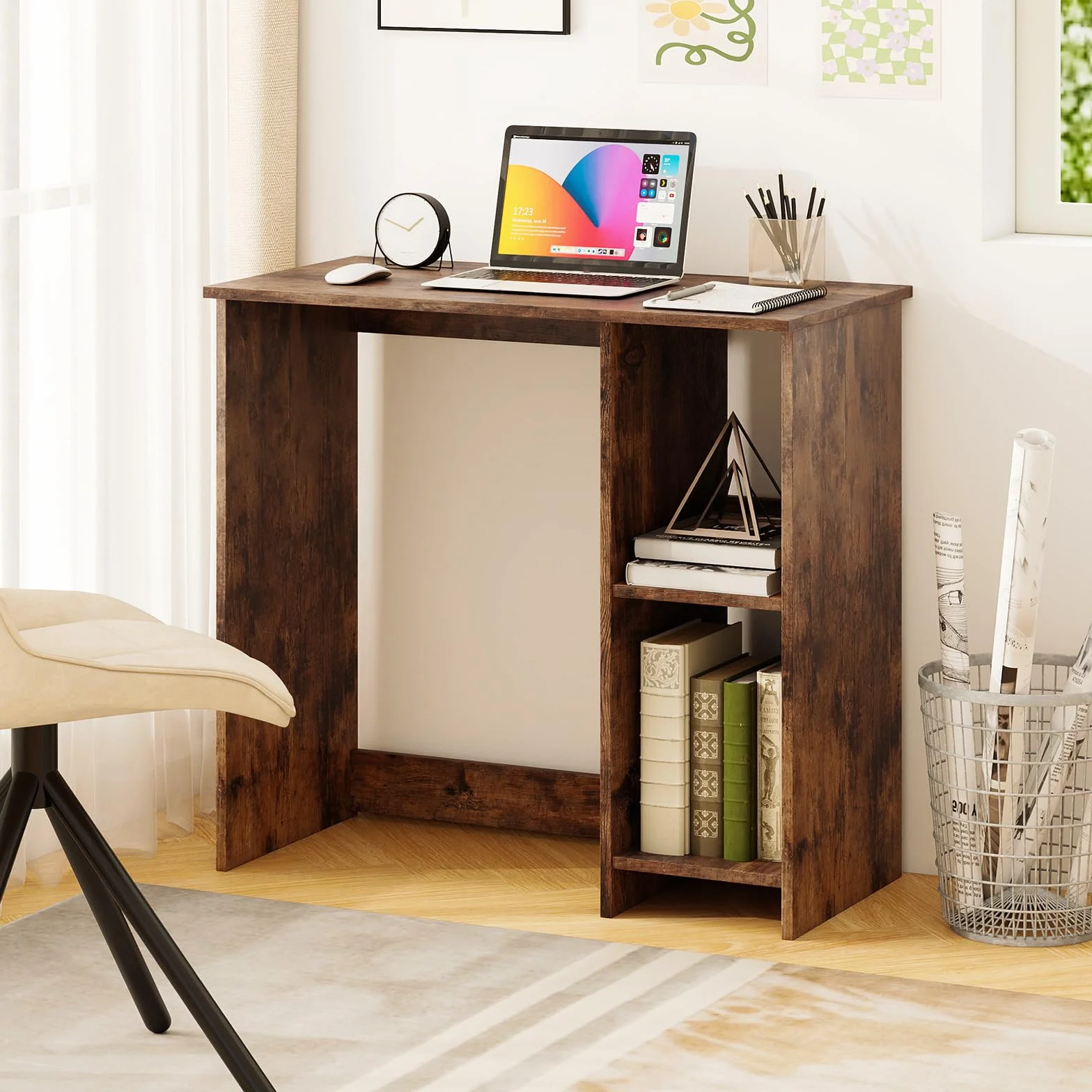 GIANTEX Escritorio de Ordenador con 2 Estantes Laterales, Mesa de Trabajo con Diseño Compacto, 80 x 40 x 74 cm, Escritorio de Madera para Oficina, Dormitorio, Estudio (Marrón)