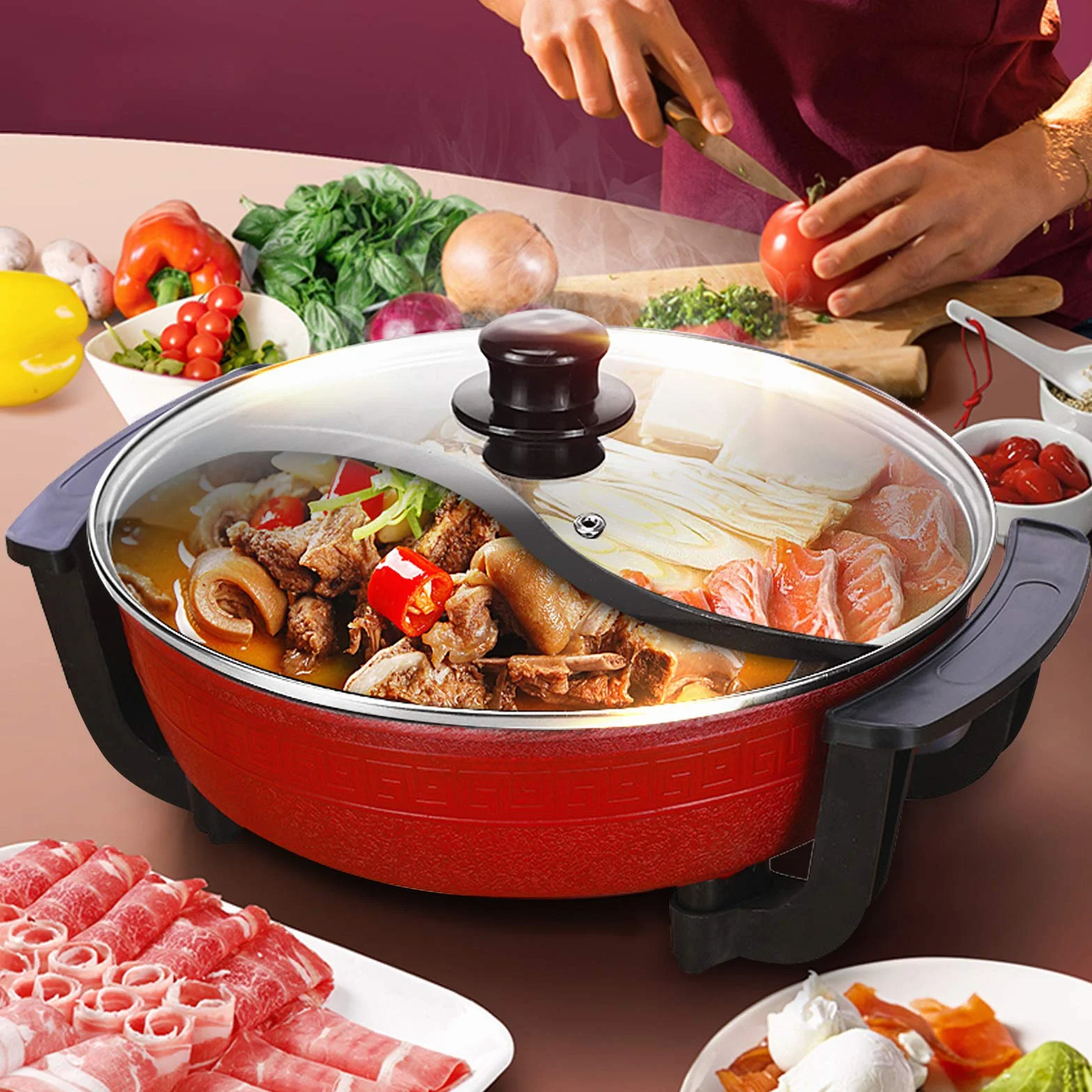 6L Hot Pot - Sartén eléctrica multifunción para fiestas, olla de doble rejilla Yin Yang Hotpot, olla antiadherente para el hogar, ajuste de temperatura 1300 W