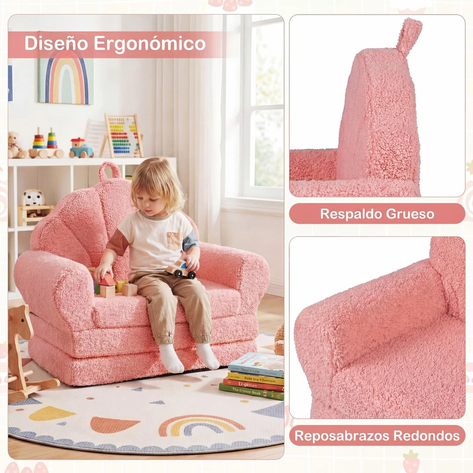 GOPLUS Sofá Plegable para Niños, Sofá Cama 2 en 1 con Funda de Forro Polar Lavable, Respaldo en Forma de Concha y Reposabrazos, Sillón Infantil de Espuma para Niños de 3+ Años (Rosa)