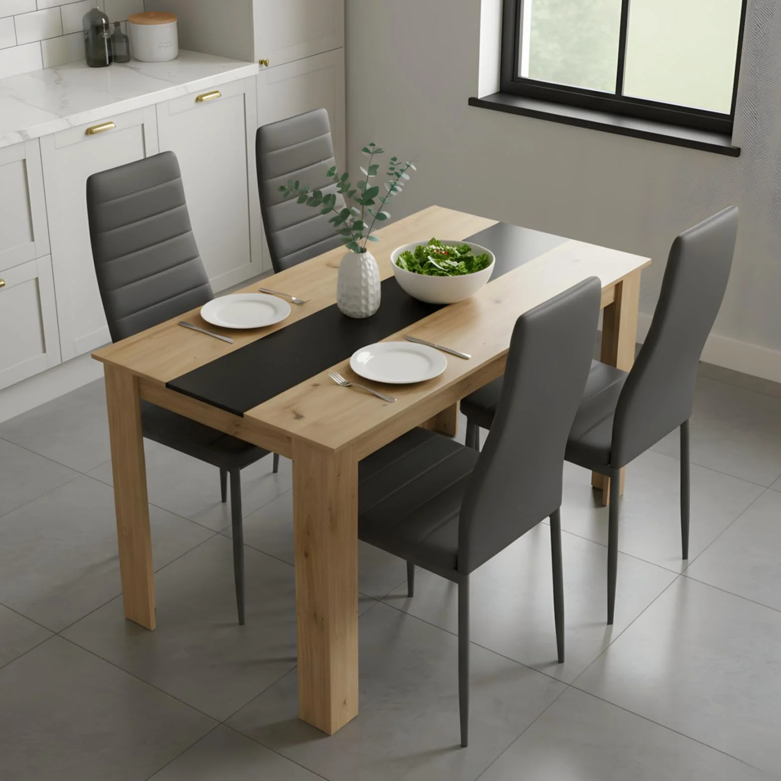 Juego de mesa de comedor rectangular de 110 cm con 4 sillas, conjunto de mesa y sillas de comedor de piel sintética gris, para pequeño espacio de cocina, comedor y salón (roble + gris)