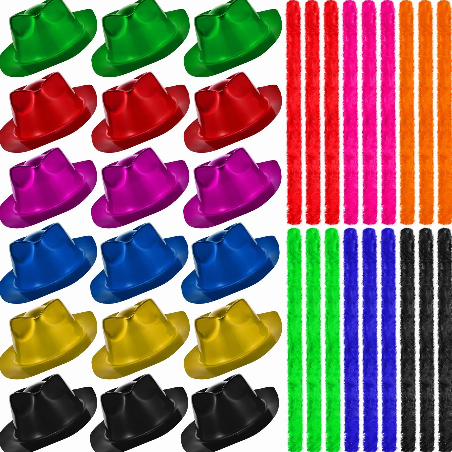 48 piezas de suministros de fiesta de neón, 24 sombreros de fiesta de gángsters, 24 boas de plumas coloridas, sombrero de neón de plástico metálico para carnaval