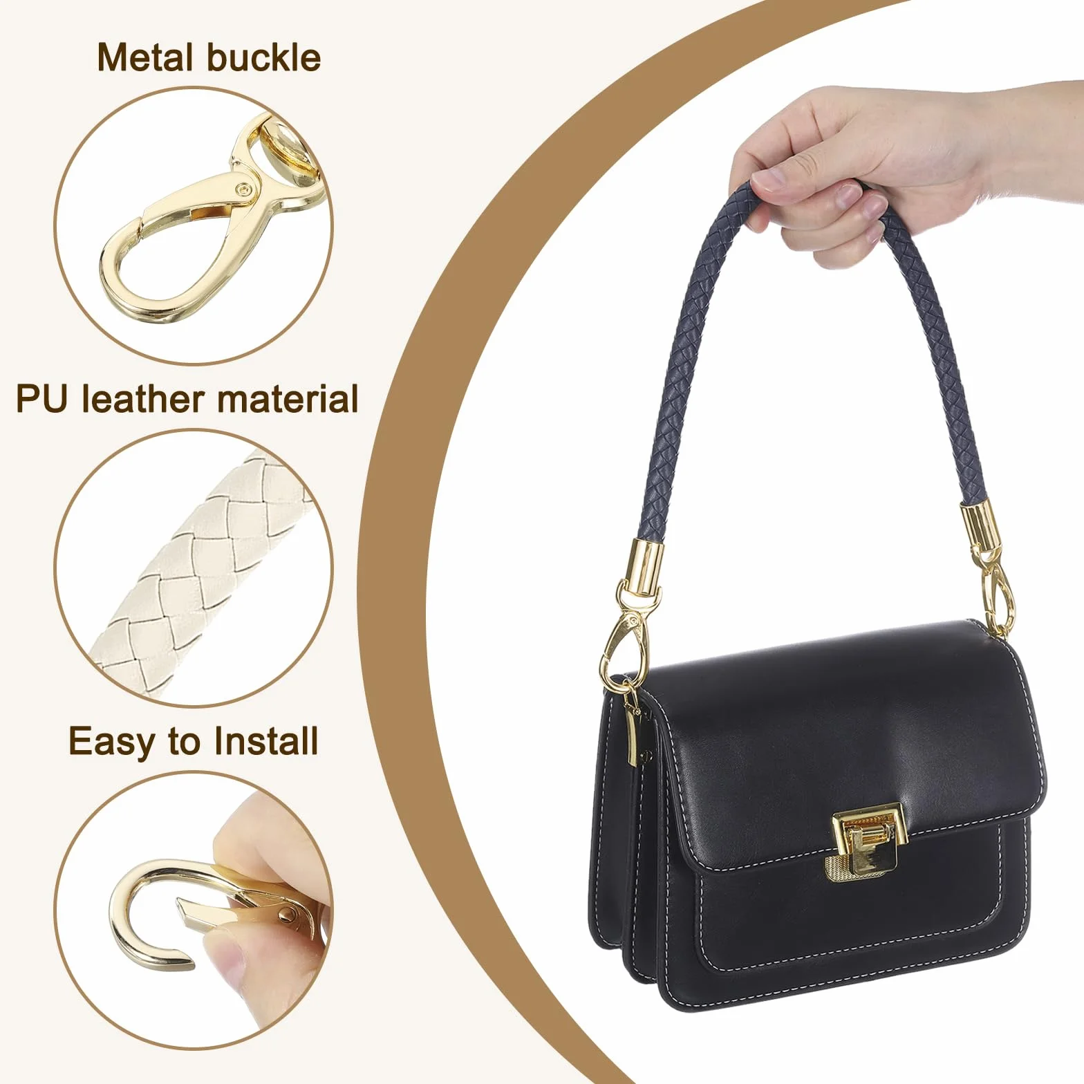 Correa de Cuero para Bolso, Asa Trenzada de PU Corto con Hebillas de Metal