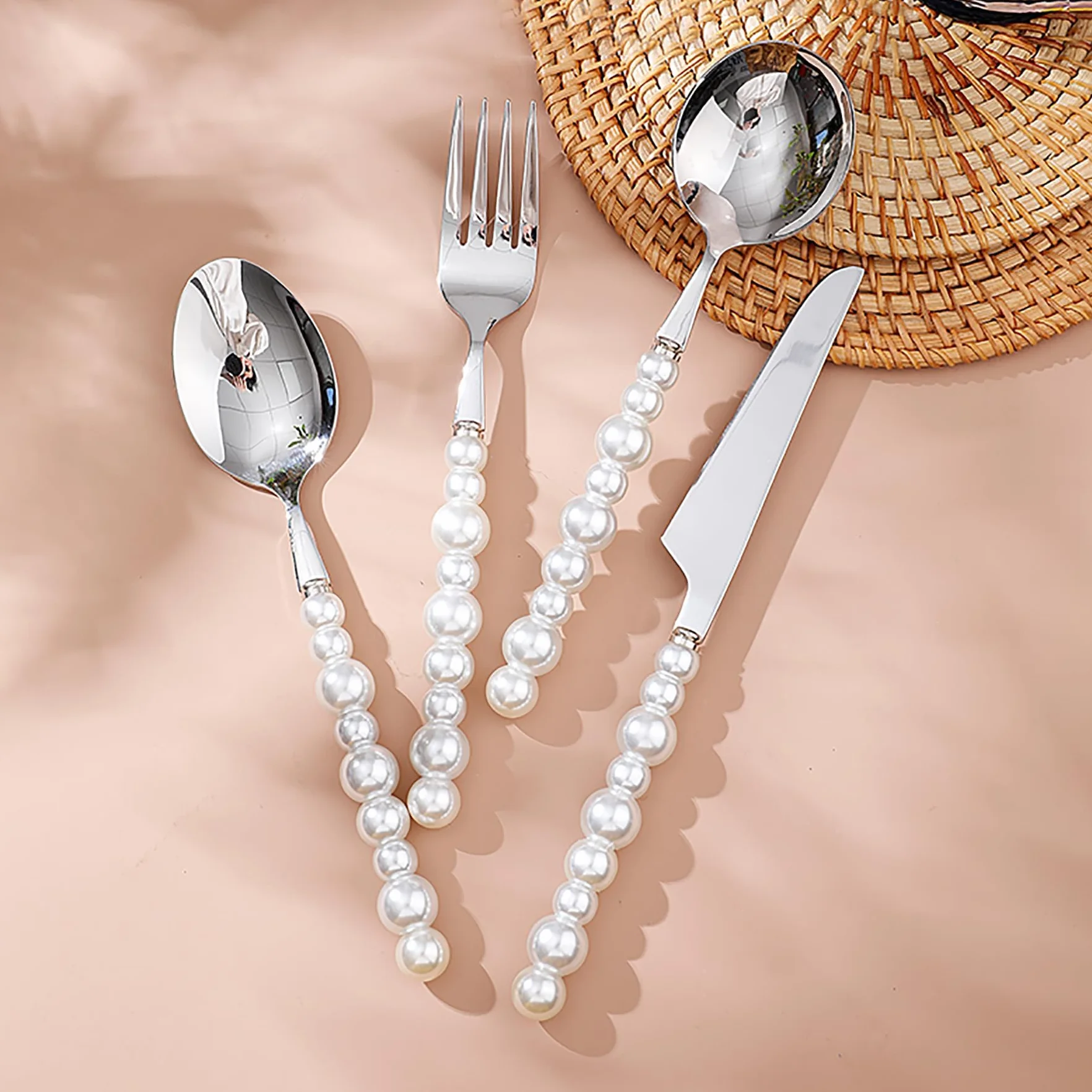 Genérico Juego De Cubiertos De 48 Piezas, Cubiertos De Acero Inoxidable 18/10, Cubiertos con Mango De Perla, Cubiertos Aptos para Lavavajillas, Cubiertos Multiusos para Banquetes
