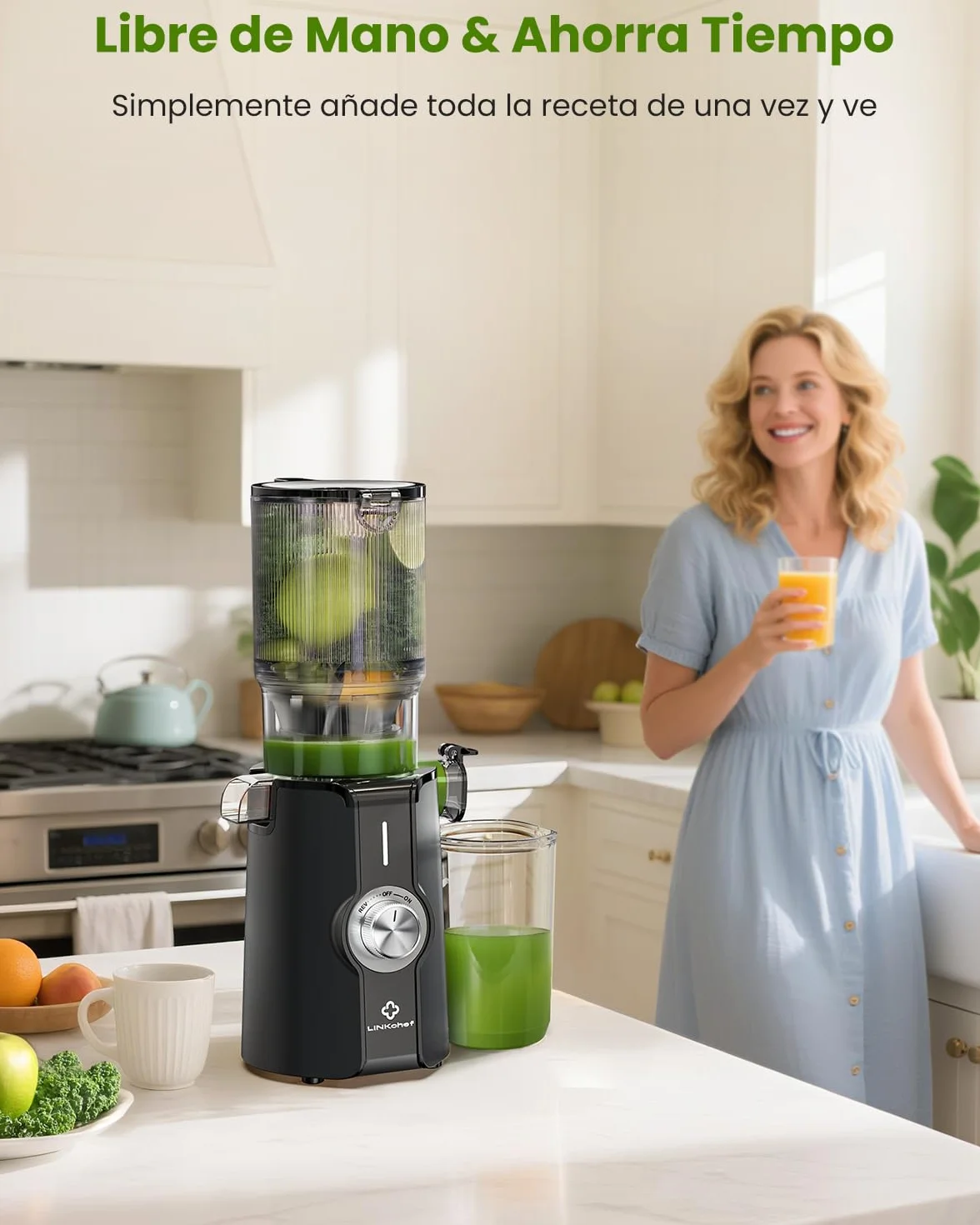 LINKChef Slow Juicer 200W Boca Ancha 115mm Prensado en Frío Sin BPA Negro
