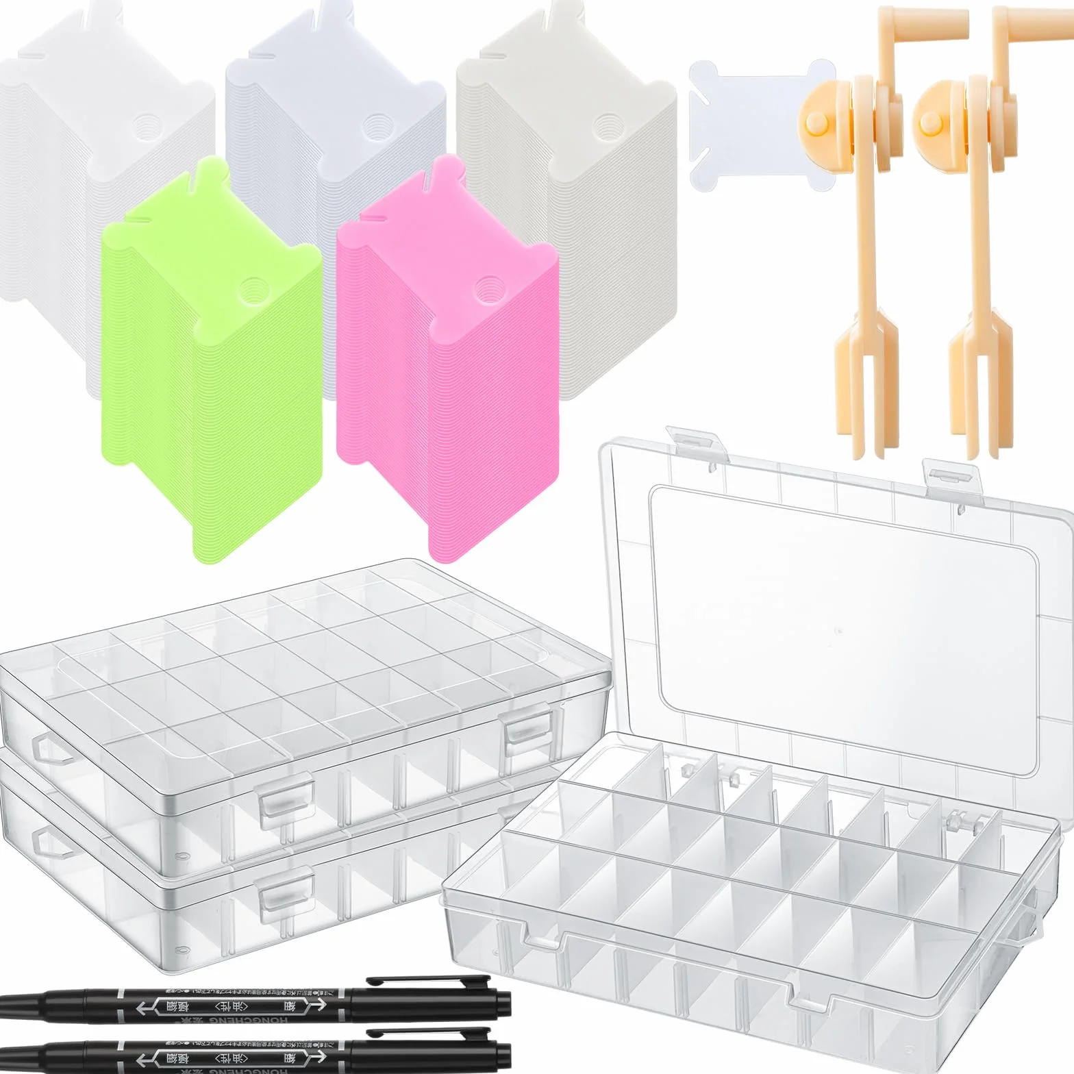 GlikCeil Kit de 507 bobinas de hilo dental de plástico con bobinador de hilo de bordado, caja de almacenamiento de 24 hilos, herramientas de doble punta, marcador permanente, organizador de hilo de