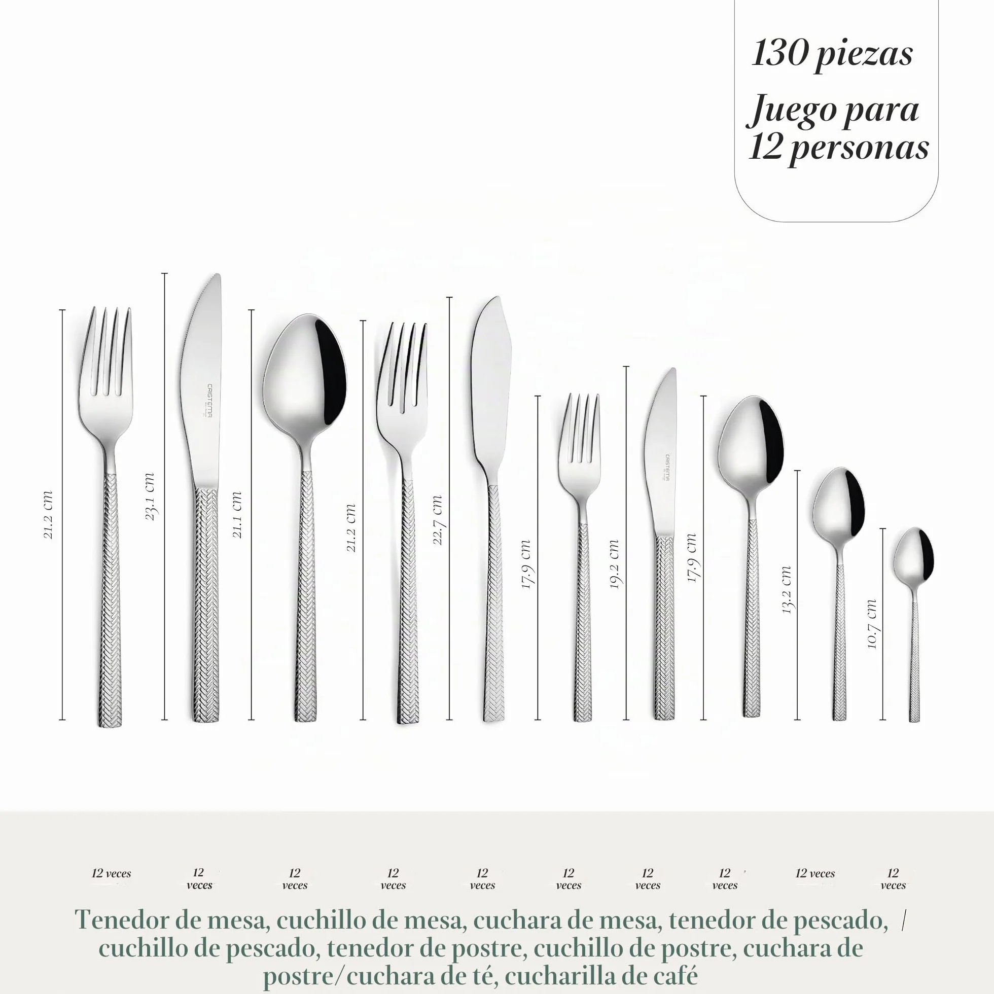 Cristema Dakar Acabado Brillante, juego de 130 piezas (12 personas) en acero inoxidable 18/10, aptas para lavavajillas y producidas en Portugal