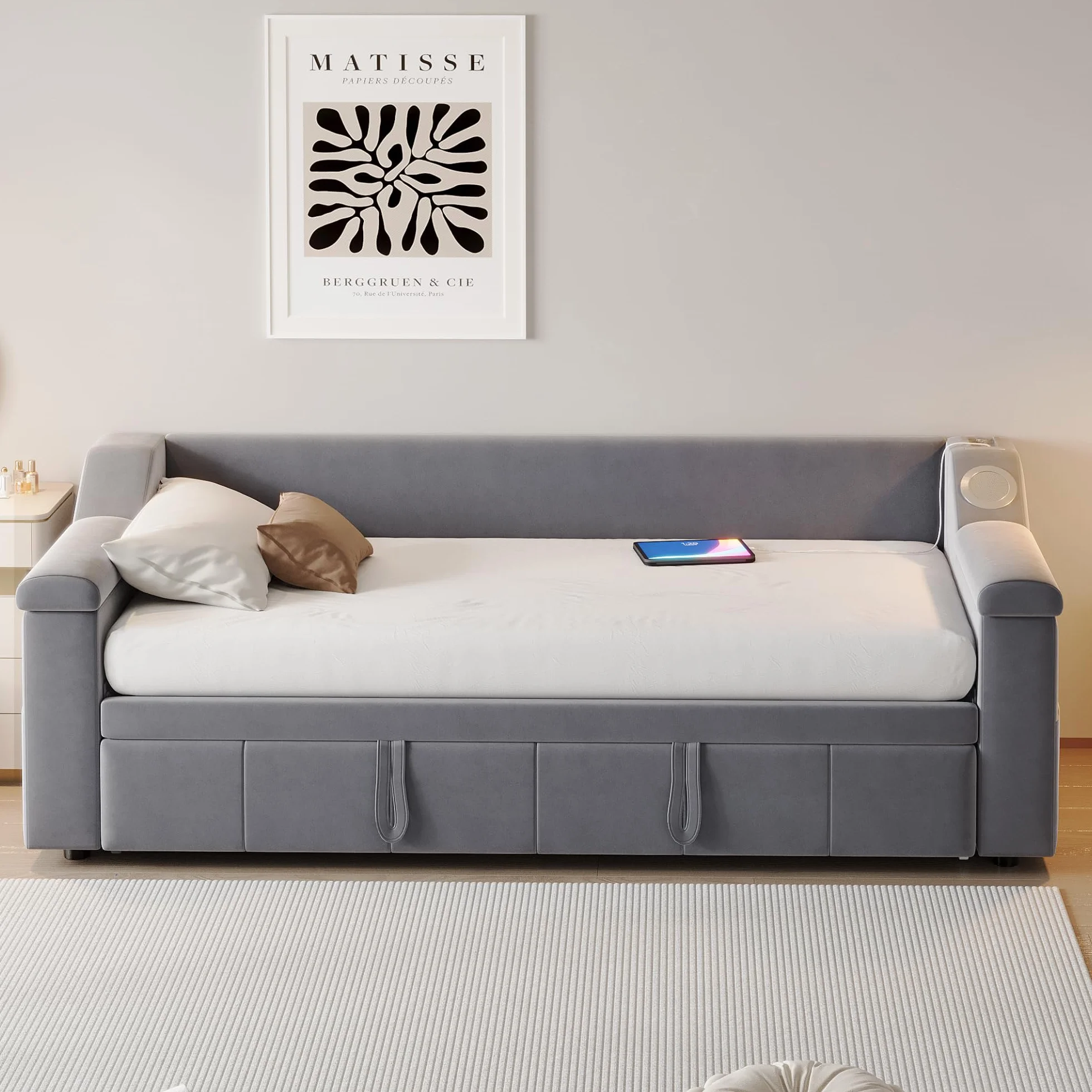 Cama acolchada, sofá cama, reposabrazos anchos y gruesos, con sistema estéreo Bluetooth inteligente, con puerto de carga USB, con compartimentos de almacenamiento, con somier, tela de