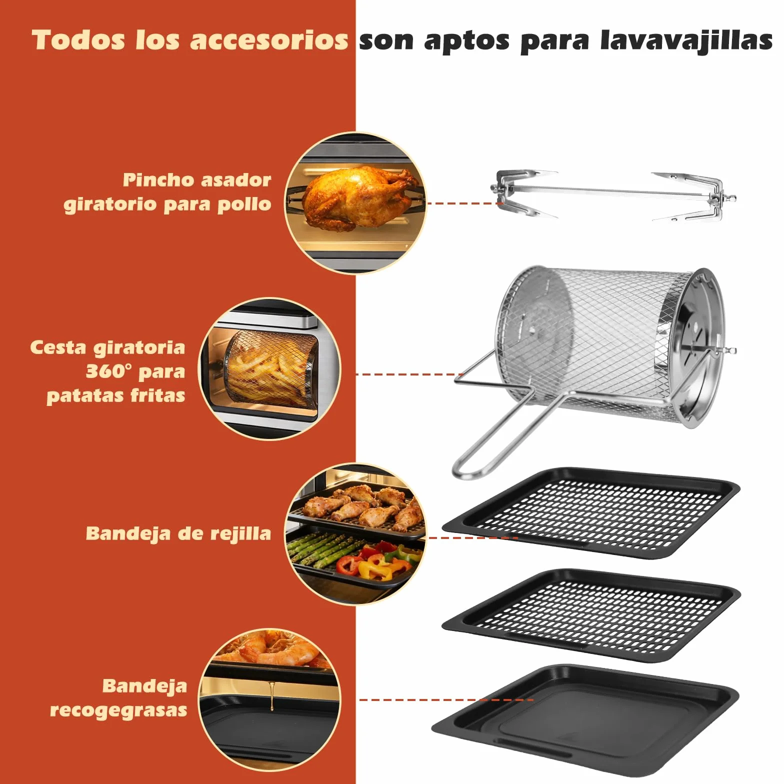 Aigostar Freidora Aire 12L con Sistema giratorio, Horno de Aire 1500W, 9 Programas y Pantalla LED Táctil, Air Fryer de Acero Inoxidable con Ventana Visualización, Accesorios Incluidos, Deshidratador