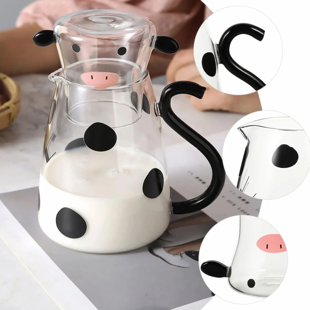Gadpiparty Jarra de Agua Fría de Vidrio Forma de Vaca, Capacidad 1800ml, Set Multifuncional Tapa y Vaso para Hogar y Restaurante